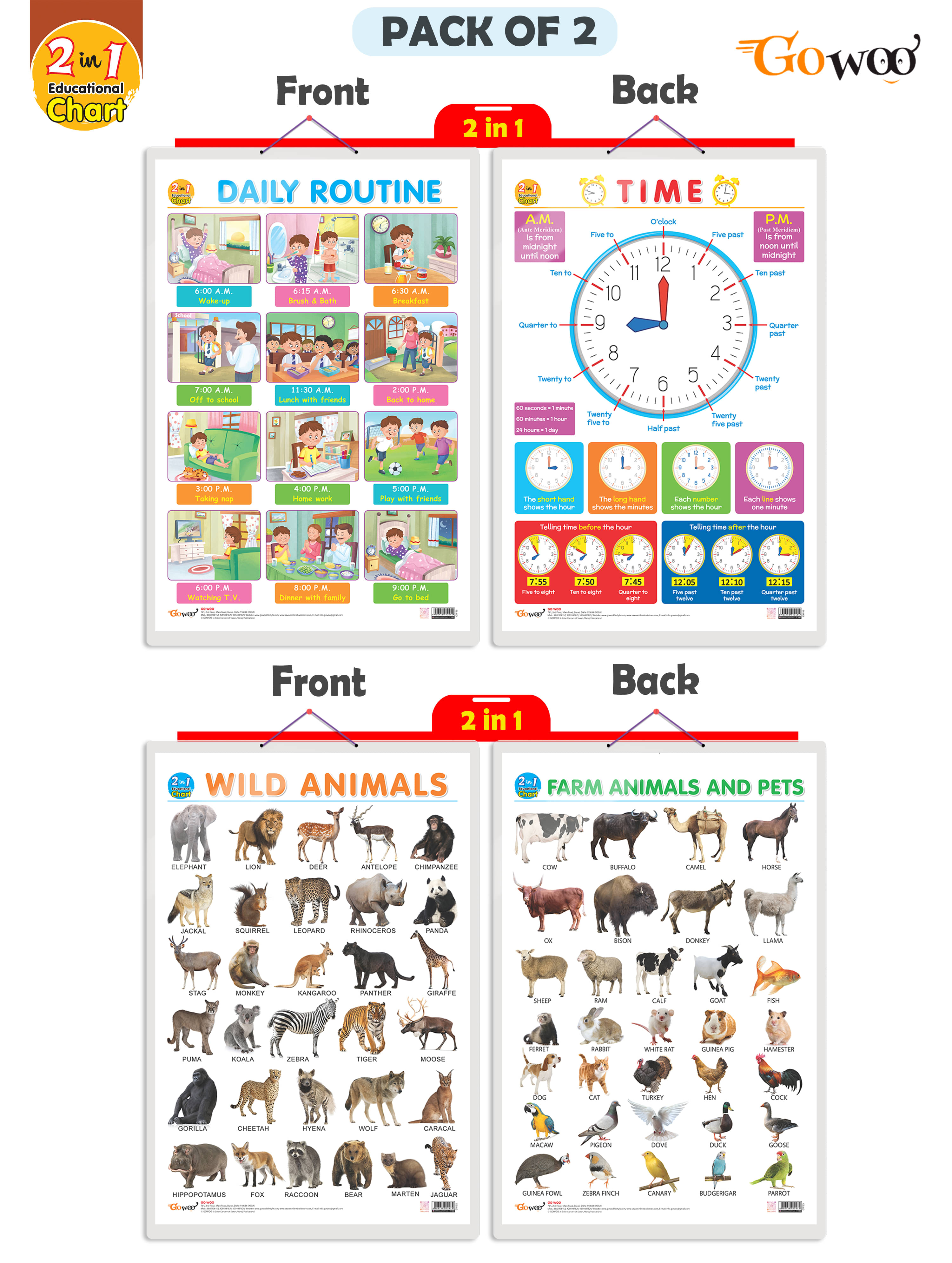 Set of 2 |2 IN 1 DAILY ROUTINE AND TIME and 2 IN 1 WILD AND FARM ANIMALS & PETS Early Learning Educational Charts for Kids | 20"X30" inch |Non-Tearable and Waterproof | Double Sided Laminated | Perfect for Homeschooling, Kindergarten and Nursery Students Set of 2 |2 IN 1 DAILY ROUTINE AND TIME and 2 IN 1 WILD AND FARM ANIMALS & PETS Early Learning Educational Charts for Kids | 20"X30" inch |Non-Tearable and Waterproof | Double Sided Laminated | Perfect for Homeschooling, Kindergarten and Nursery Students