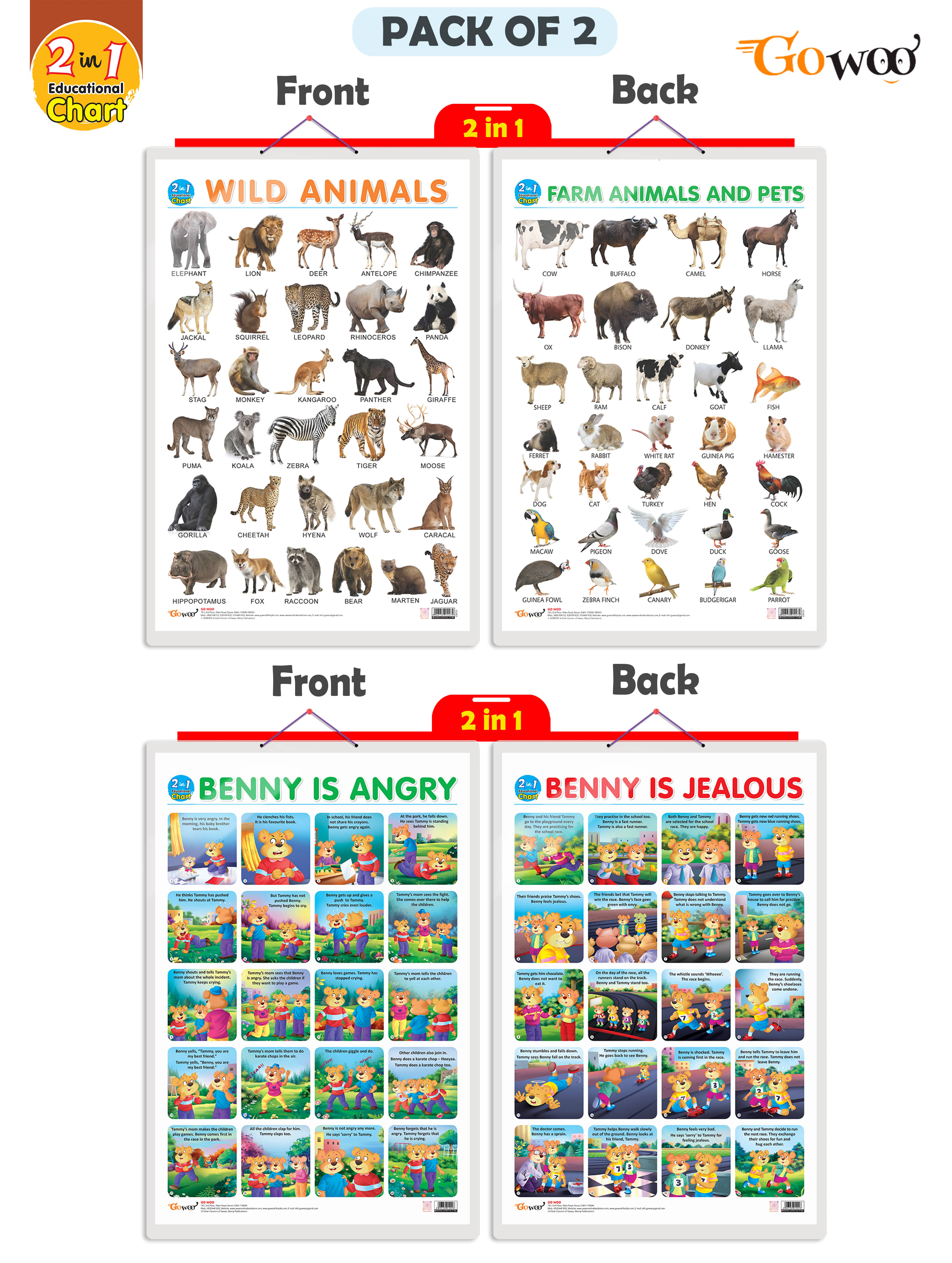     			Set of 2 |2 IN 1 WILD AND FARM ANIMALS & PETS and 2 IN 1 BENNY IS ANGRY AND BENNY IS JEALOUS Early Learning Educational Charts for Kids|