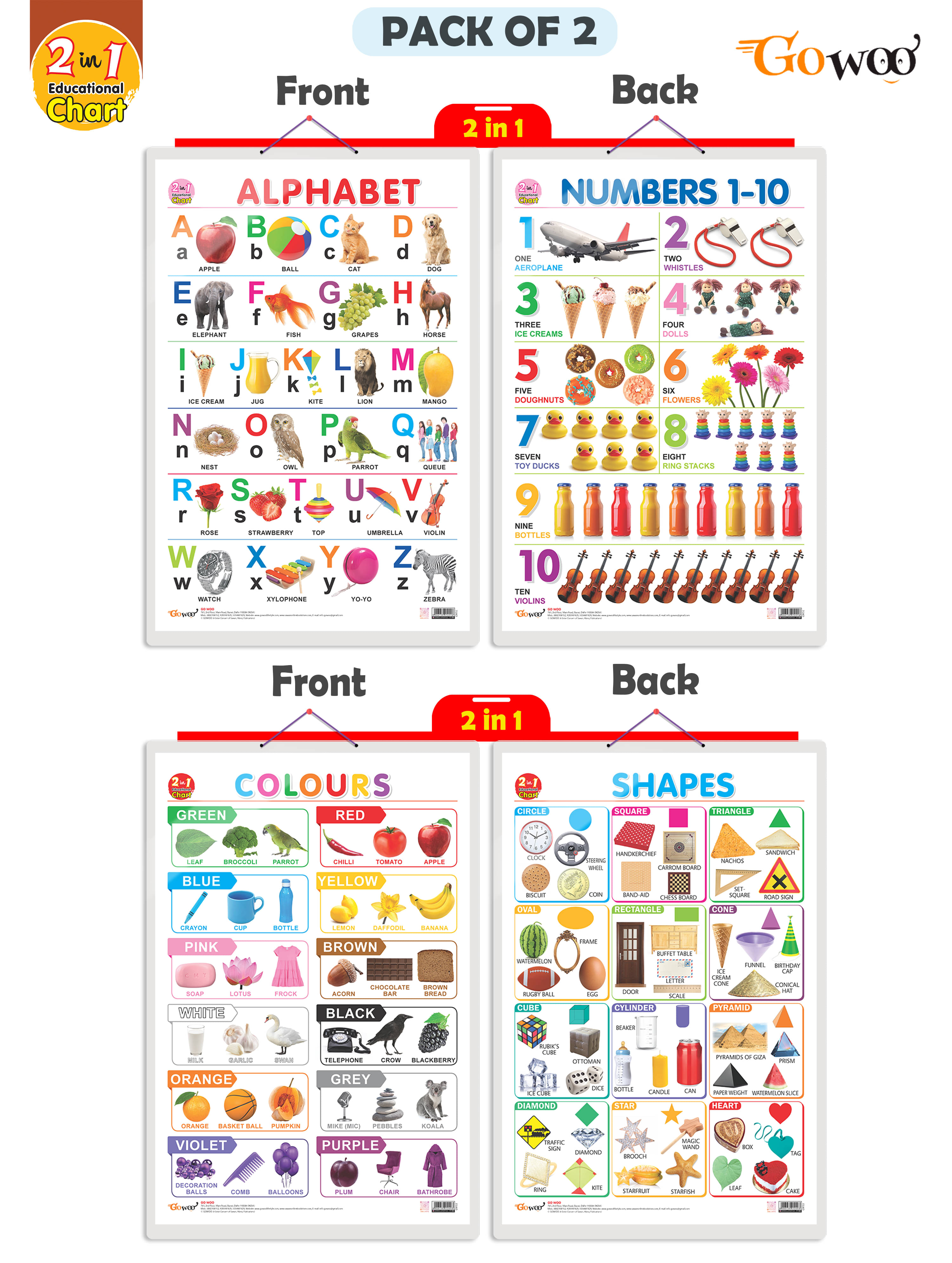     			Set of 2 | 2 IN 1 ALPHABET AND NUMBER 1-10 and 2 IN 1 COLOURS AND SHAPES Early Learning Educational Charts for Kids