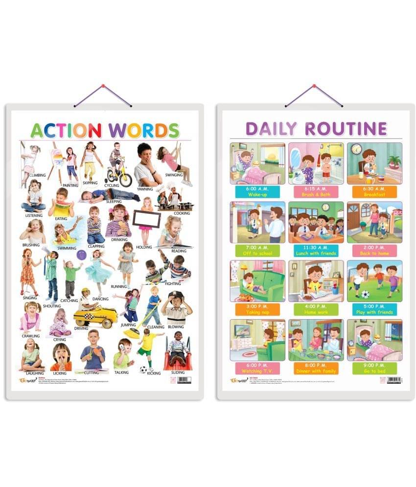 Set of 2 Action Words and DAILY ROUTINE Early Learning Educational Charts for Kids | 20"X30" inch |Non-Tearable and Waterproof | Double Sided Laminated | Perfect for Homeschooling, Kindergarten and Nursery Students Set of 2 Action Words and DAILY ROUTINE Early Learning Educational Charts for Kids | 20"X30" inch |Non-Tearable and Waterproof | Double Sided Laminated | Perfect for Homeschooling, Kindergarten and Nursery Students