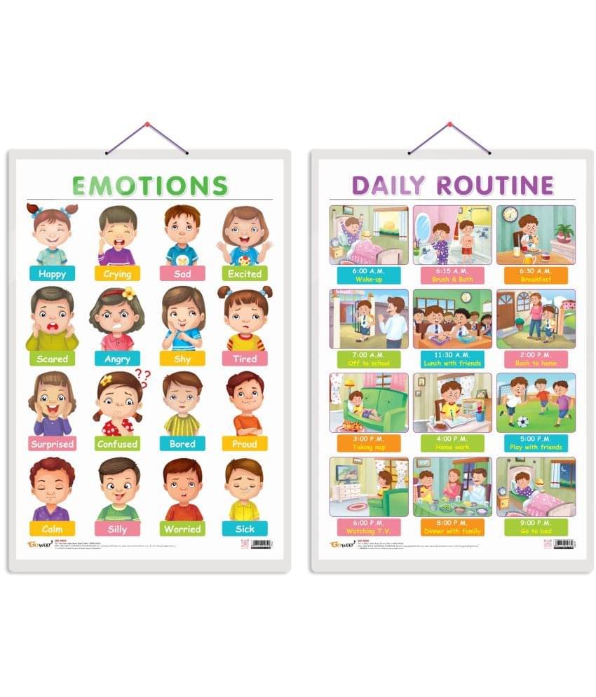     			Set of 2 EMOTIONS and DAILY ROUTINE Early Learning Educational Charts for Kids | 20"X30" inch |Non-Tearable and Waterproof | Double Sided Laminated | Perfect for Homeschooling, Kindergarten and Nursery Students