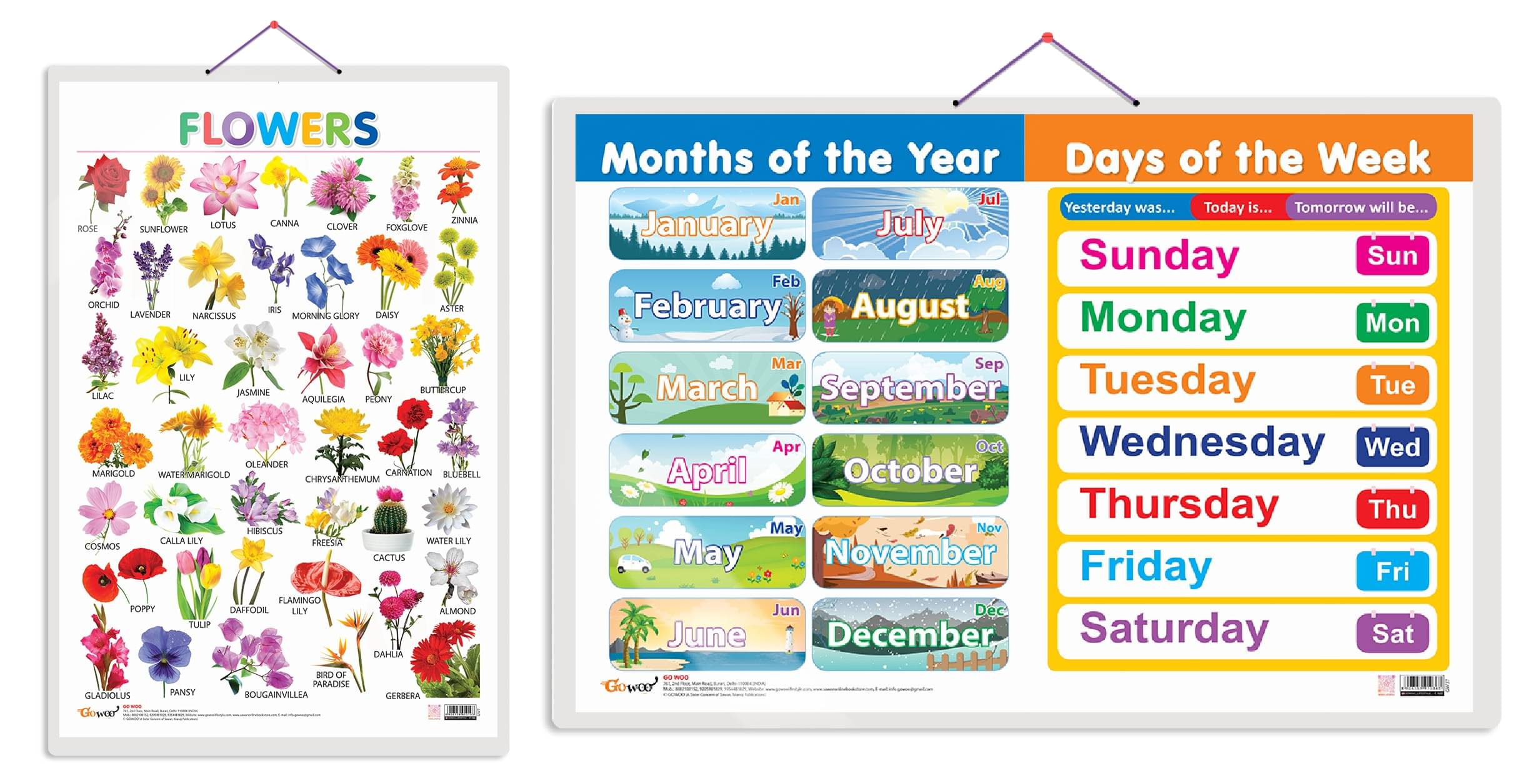     			Set of 2 Flowers and MONTHS OF THE YEAR AND DAYS OF THE WEEK Early Learning Educational Charts for Kids | 20"X30" inch |Non-Tearable and Waterproof | Double Sided Laminated | Perfect for Homeschooling, Kindergarten and Nursery Students