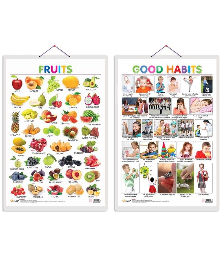 Set of 2 Fruits and Good Habits Early Learning Educational Charts for Kids | 20"X30" inch |Non-Tearable and Waterproof | Double Sided Laminated | Perfect for Homeschooling, Kindergarten and Nursery Students Set of 2 Fruits and Good Habits Early Learning Educational Charts for Kids | 20"X30" inch |Non-Tearable and Waterproof | Double Sided Laminated | Perfect for Homeschooling, Kindergarten and Nursery Students