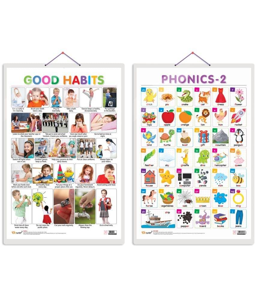 Set of 2 Good Habits and PHONICS - 2 Early Learning Educational Charts for Kids | 20"X30" inch |Non-Tearable and Waterproof | Double Sided Laminated | Perfect for Homeschooling, Kindergarten and Nursery Students Set of 2 Good Habits and PHONICS - 2 Early Learning Educational Charts for Kids | 20"X30" inch |Non-Tearable and Waterproof | Double Sided Laminated | Perfect for Homeschooling, Kindergarten and Nursery Students