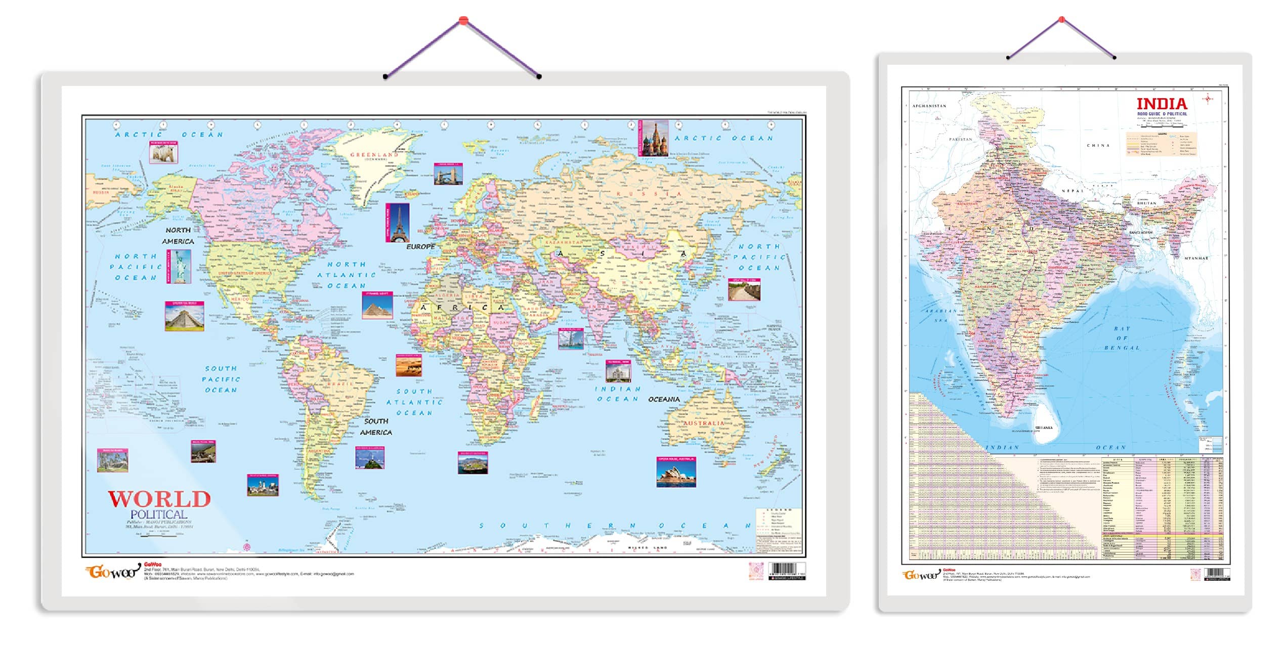 Set of 2 Indian Road Guide & Political and World Political Map Educational Charts | 20"X30" inch |Non-Tearable and Waterproof | Double Sided Laminated |Useful For Preparation Of SSC, UPSC, RRB, IES, and other exams