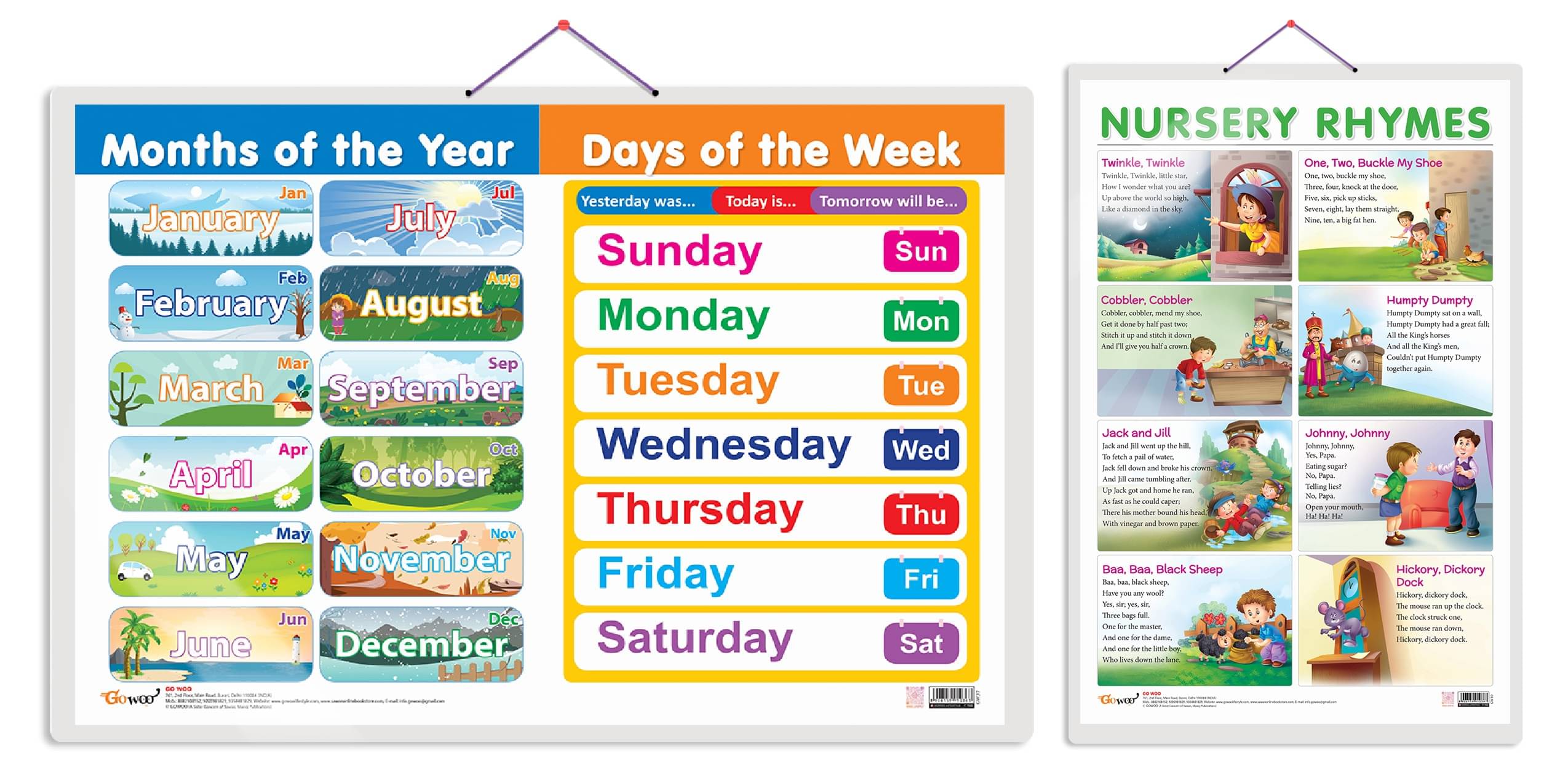     			Set of 2 MONTHS OF THE YEAR AND DAYS OF THE WEEK and NURSERY RHYMES Early Learning Educational Charts for Kids | 20"X30" inch |Non-Tearable and Waterproof | Double Sided Laminated | Perfect for Homeschooling, Kindergarten and Nursery Students
