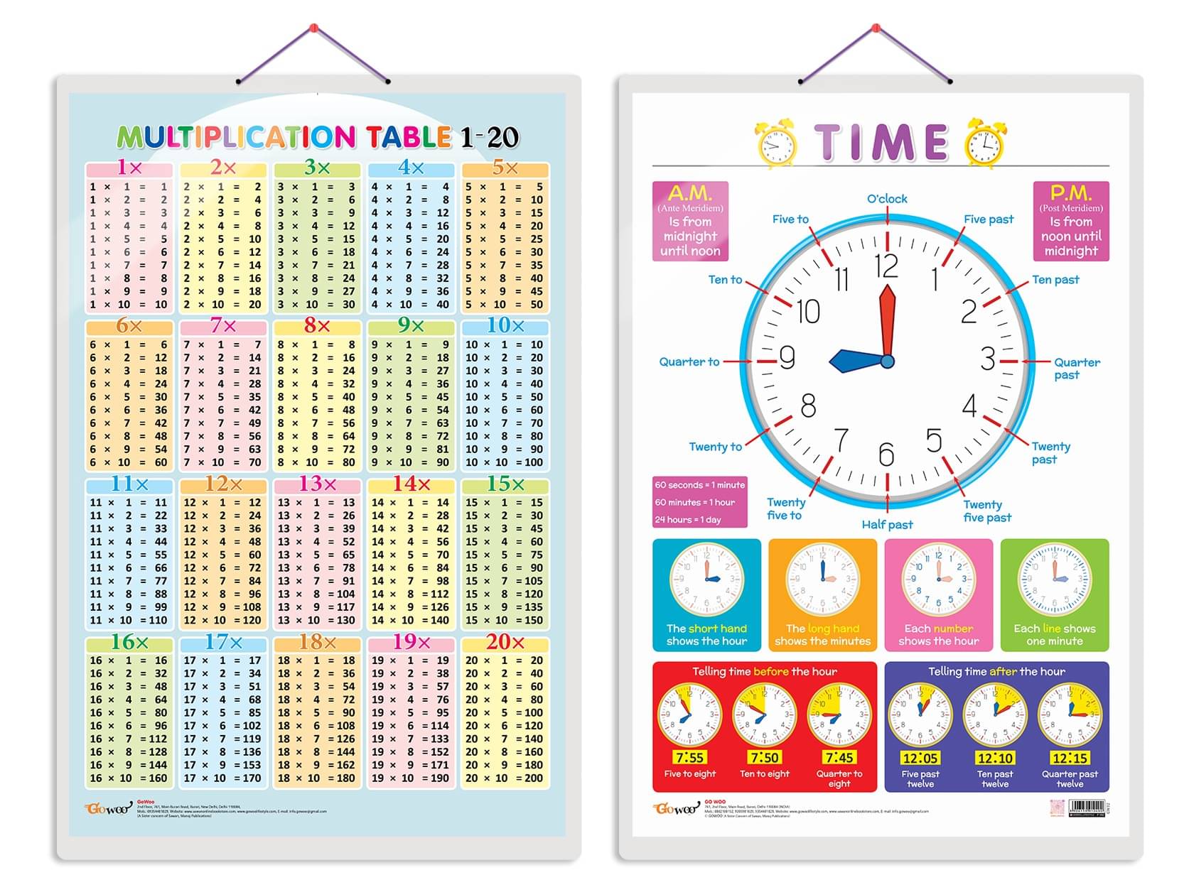 Set of 2 Multiplication Table 1-20 and TIME Early Learning Educational Charts for Kids | 20"X30" inch |Non-Tearable and Waterproof | Double Sided Laminated | Perfect for Homeschooling, Kindergarten and Nursery Students Set of 2 Multiplication Table 1-20 and TIME Early Learning Educational Charts for Kids | 20"X30" inch |Non-Tearable and Waterproof | Double Sided Laminated | Perfect for Homeschooling, Kindergarten and Nursery Students