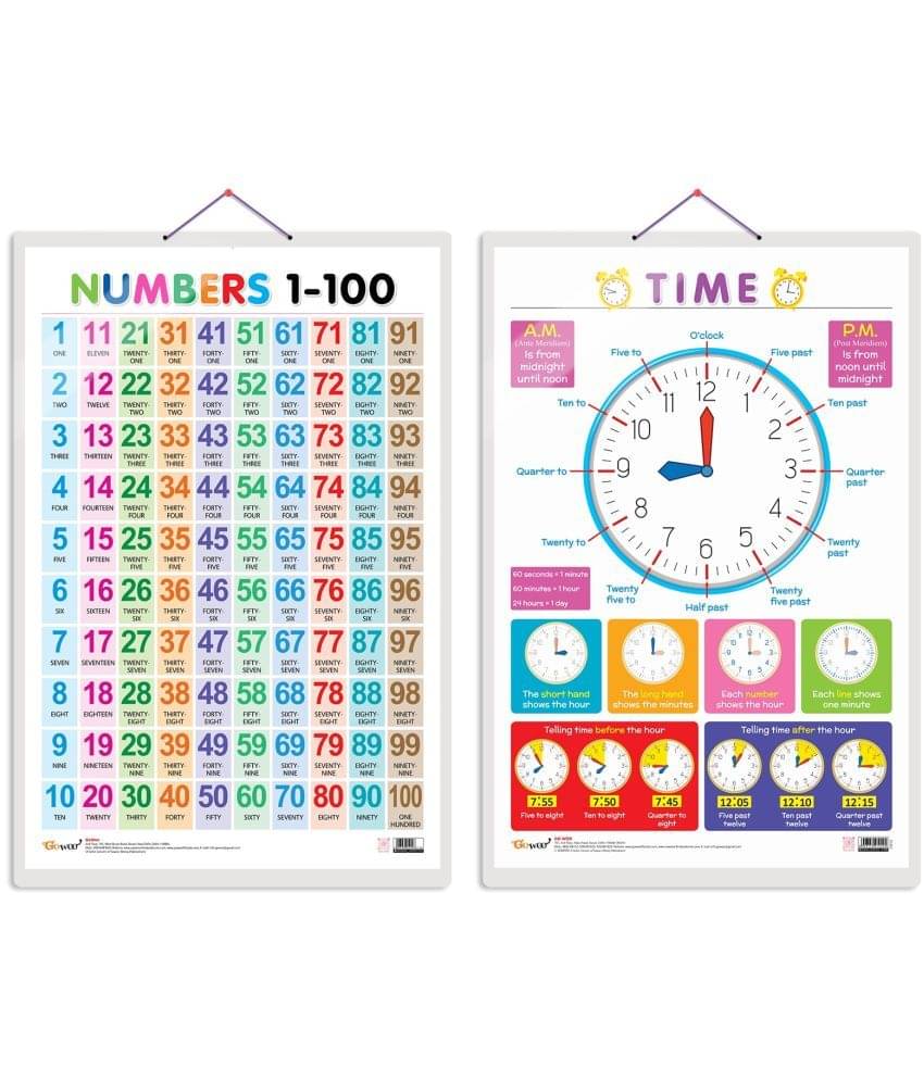 Set of 2 Numbers 1-100 and TIME Early Learning Educational Charts for Kids | 20"X30" inch |Non-Tearable and Waterproof | Double Sided Laminated | Perfect for Homeschooling, Kindergarten and Nursery Students Set of 2 Numbers 1-100 and TIME Early Learning Educational Charts for Kids | 20"X30" inch |Non-Tearable and Waterproof | Double Sided Laminated | Perfect for Homeschooling, Kindergarten and Nursery Students