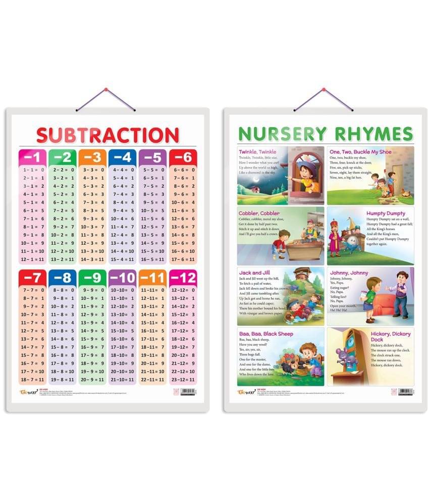 Set of 2 SUBTRACTION and NURSERY RHYMES Early Learning Educational Charts for Kids | 20"X30" inch |Non-Tearable and Waterproof | Double Sided Laminated | Perfect for Homeschooling, Kindergarten and Nursery Students Set of 2 SUBTRACTION and NURSERY RHYMES Early Learning Educational Charts for Kids | 20"X30" inch |Non-Tearable and Waterproof | Double Sided Laminated | Perfect for Homeschooling, Kindergarten and Nursery Students