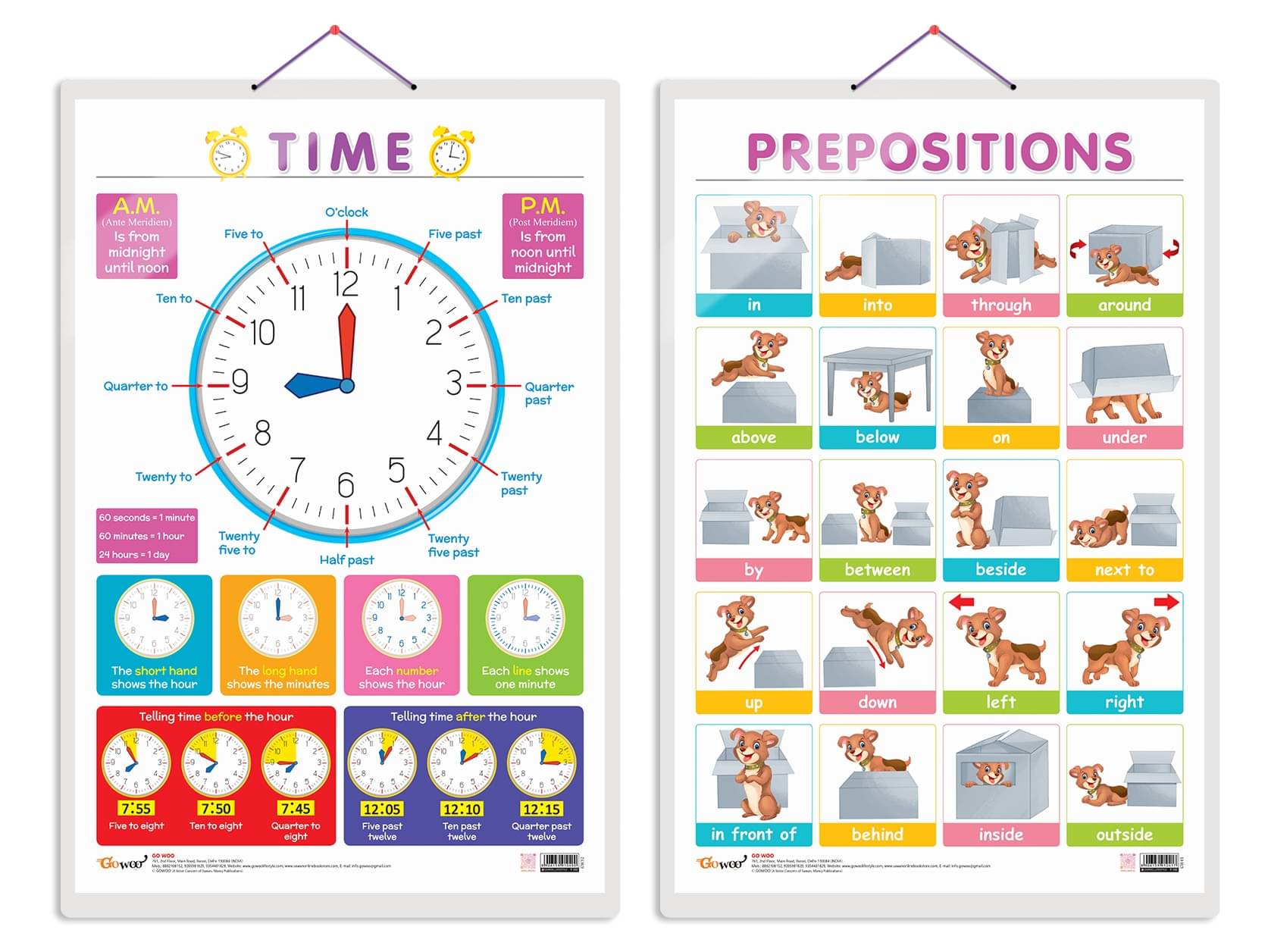     			Set of 2 TIME and PREPOSITIONS Early Learning Educational Charts for Kids | 20"X30" inch |Non-Tearable and Waterproof | Double Sided Laminated | Perfect for Homeschooling, Kindergarten and Nursery Students