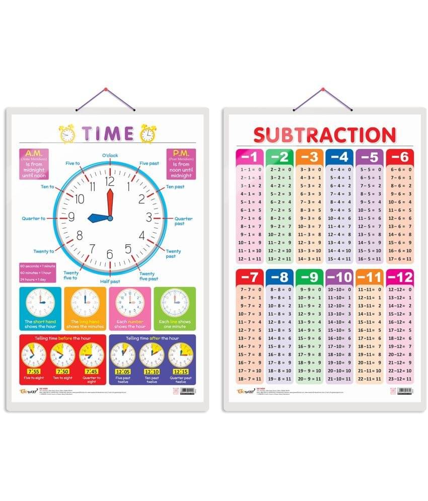 Set of 2 TIME and SUBTRACTION Early Learning Educational Charts for Kids | 20"X30" inch |Non-Tearable and Waterproof | Double Sided Laminated | Perfect for Homeschooling, Kindergarten and Nursery Students Set of 2 TIME and SUBTRACTION Early Learning Educational Charts for Kids | 20"X30" inch |Non-Tearable and Waterproof | Double Sided Laminated | Perfect for Homeschooling, Kindergarten and Nursery Students