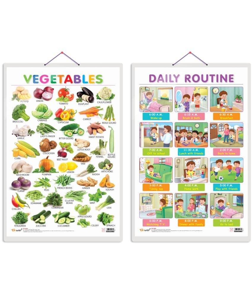 Set of 2 Vegetables and DAILY ROUTINE Early Learning Educational Charts for Kids | 20"X30" inch |Non-Tearable and Waterproof | Double Sided Laminated | Perfect for Homeschooling, Kindergarten and Nursery Students Set of 2 Vegetables and DAILY ROUTINE Early Learning Educational Charts for Kids | 20"X30" inch |Non-Tearable and Waterproof | Double Sided Laminated | Perfect for Homeschooling, Kindergarten and Nursery Students