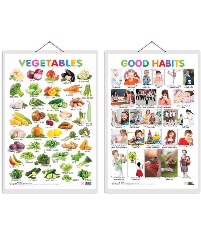 Set of 2 Vegetables and Good Habits Early Learning Educational Charts for Kids | 20"X30" inch |Non-Tearable and Waterproof | Double Sided Laminated | Perfect for Homeschooling, Kindergarten and Nursery Students Set of 2 Vegetables and Good Habits Early Learning Educational Charts for Kids | 20"X30" inch |Non-Tearable and Waterproof | Double Sided Laminated | Perfect for Homeschooling, Kindergarten and Nursery Students