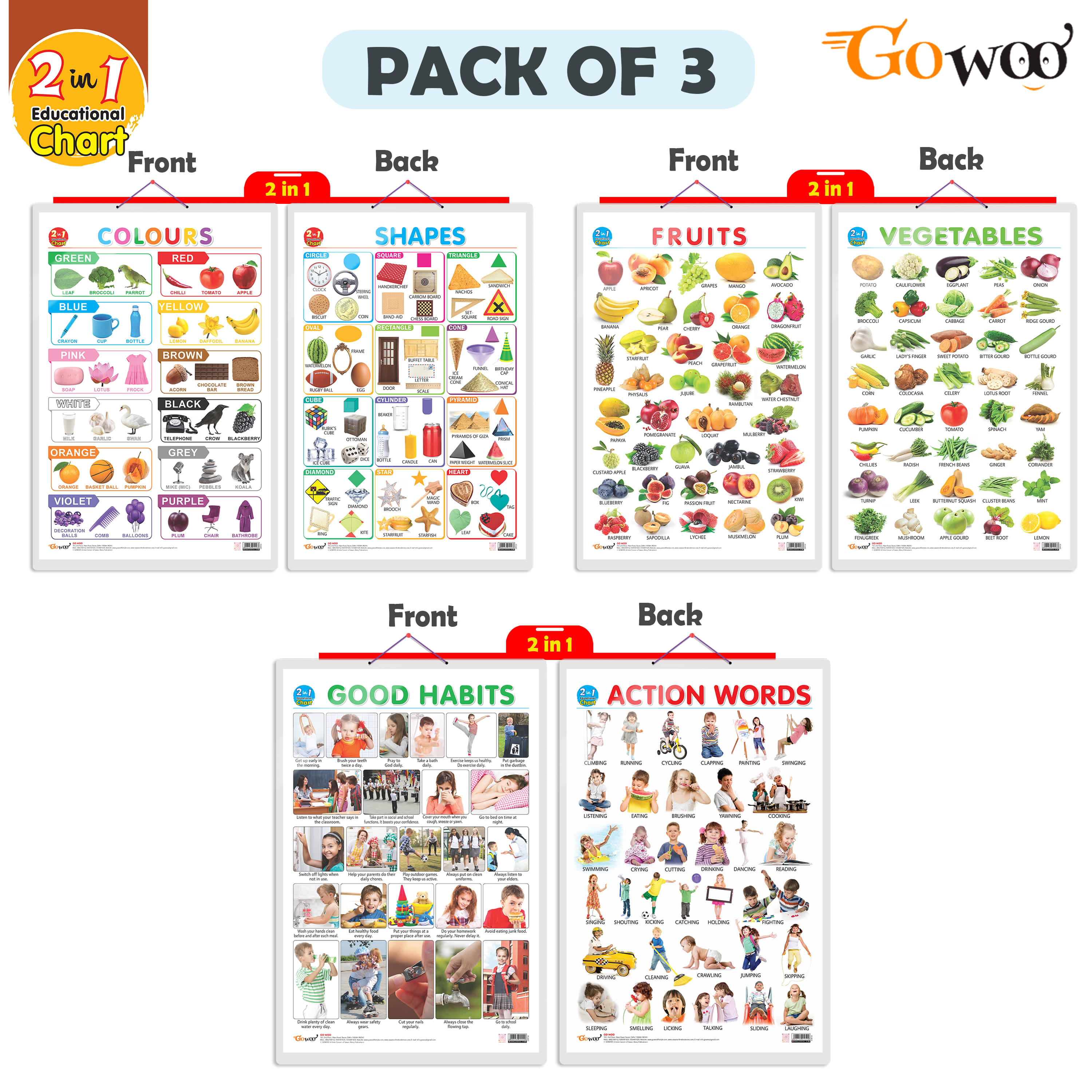 Set of 3 | 2 IN 1 COLOURS AND SHAPES, 2 IN 1 FRUITS AND VEGETABLES and 2 IN 1 GOOD HABITS AND ACTION WORDS Early Learning Educational Charts for Kids Set of 3 | 2 IN 1 COLOURS AND SHAPES, 2 IN 1 FRUITS AND VEGETABLES and 2 IN 1 GOOD HABITS AND ACTION WORDS Early Learning Educational Charts for Kids