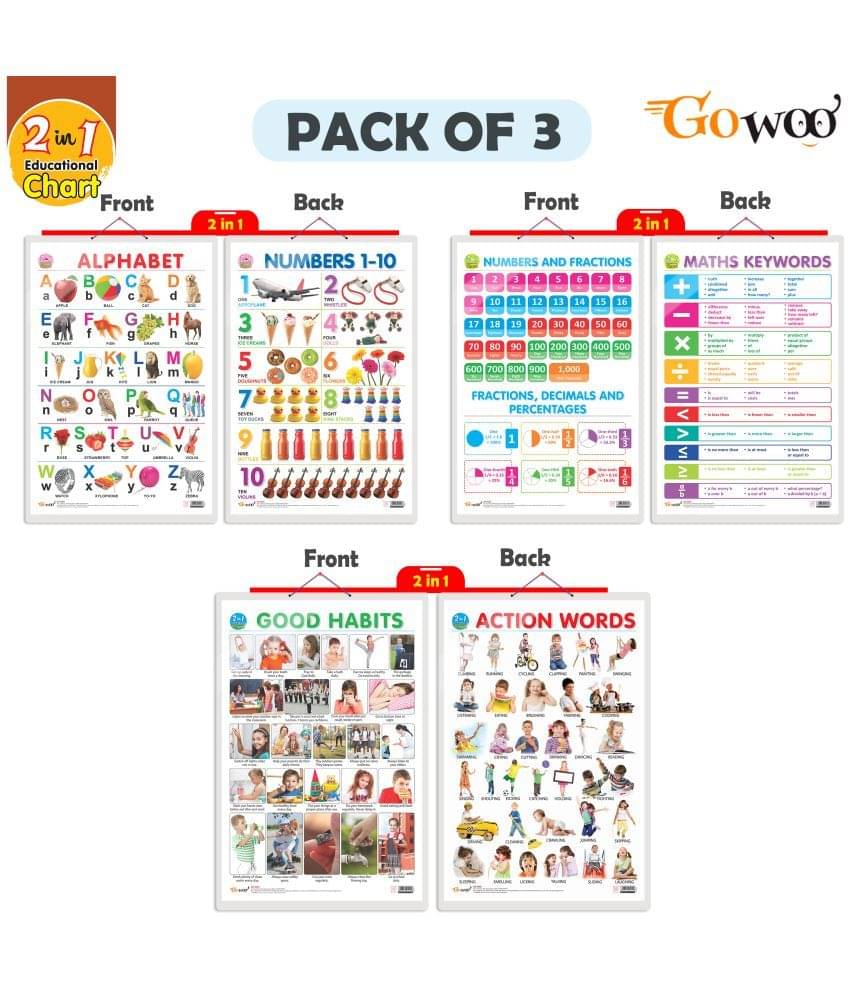Set of 3 | 2 IN 1 ALPHABET AND NUMBER 1-10, 2 IN 1 NUMBER & FRACTIONS AND MATHS KEYWORDS and 2 IN 1 GOOD HABITS AND ACTION WORDS Early Learning Educational Charts for Kids Set of 3 | 2 IN 1 ALPHABET AND NUMBER 1-10, 2 IN 1 NUMBER & FRACTIONS AND MATHS KEYWORDS and 2 IN 1 GOOD HABITS AND ACTION WORDS Early Learning Educational Charts for Kids