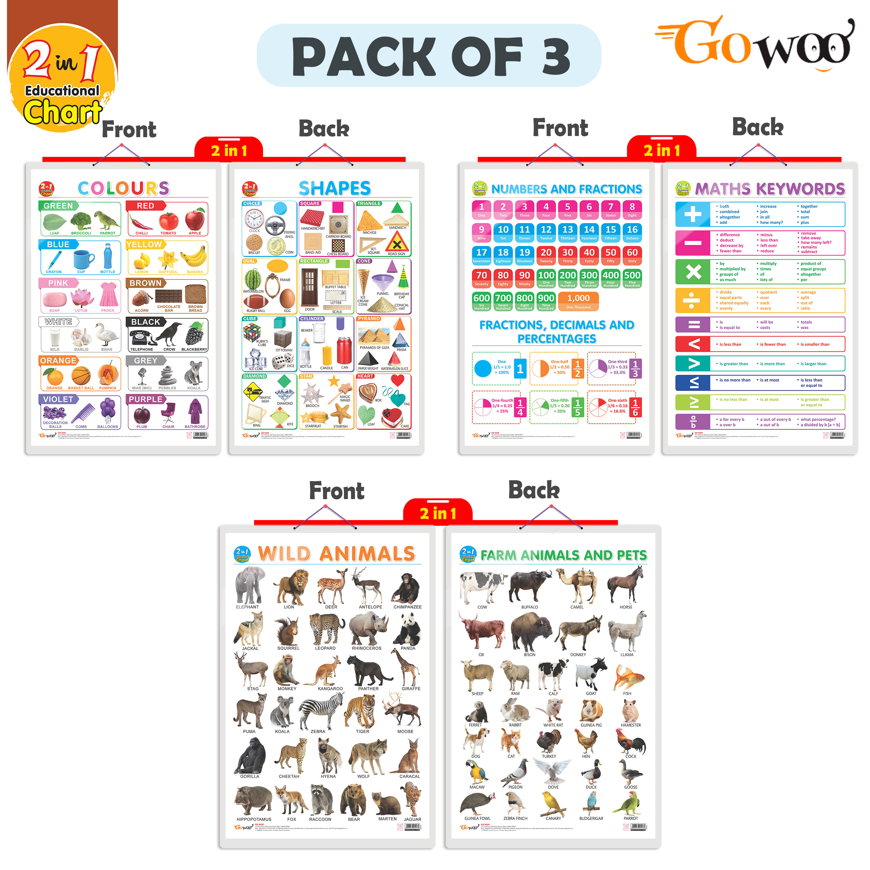     			Set of 3 | 2 IN 1 NUMBER & FRACTIONS AND MATHS KEYWORDS, 2 IN 1 COLOURS AND SHAPES and 2 IN 1 WILD AND FARM ANIMALS & PETS Early Learning Educational Charts for Kids