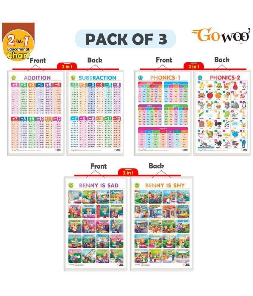 Set of 3 | 2 IN 1 ADDITION AND SUBTRACTION, 2 IN 1 PHONICS 1 AND PHONICS 2 and 2 IN 1 BENNY IS SAD AND BENNY IS SHY Early Learning Educational Charts for Kids Set of 3 | 2 IN 1 ADDITION AND SUBTRACTION, 2 IN 1 PHONICS 1 AND PHONICS 2 and 2 IN 1 BENNY IS SAD AND BENNY IS SHY Early Learning Educational Charts for Kids