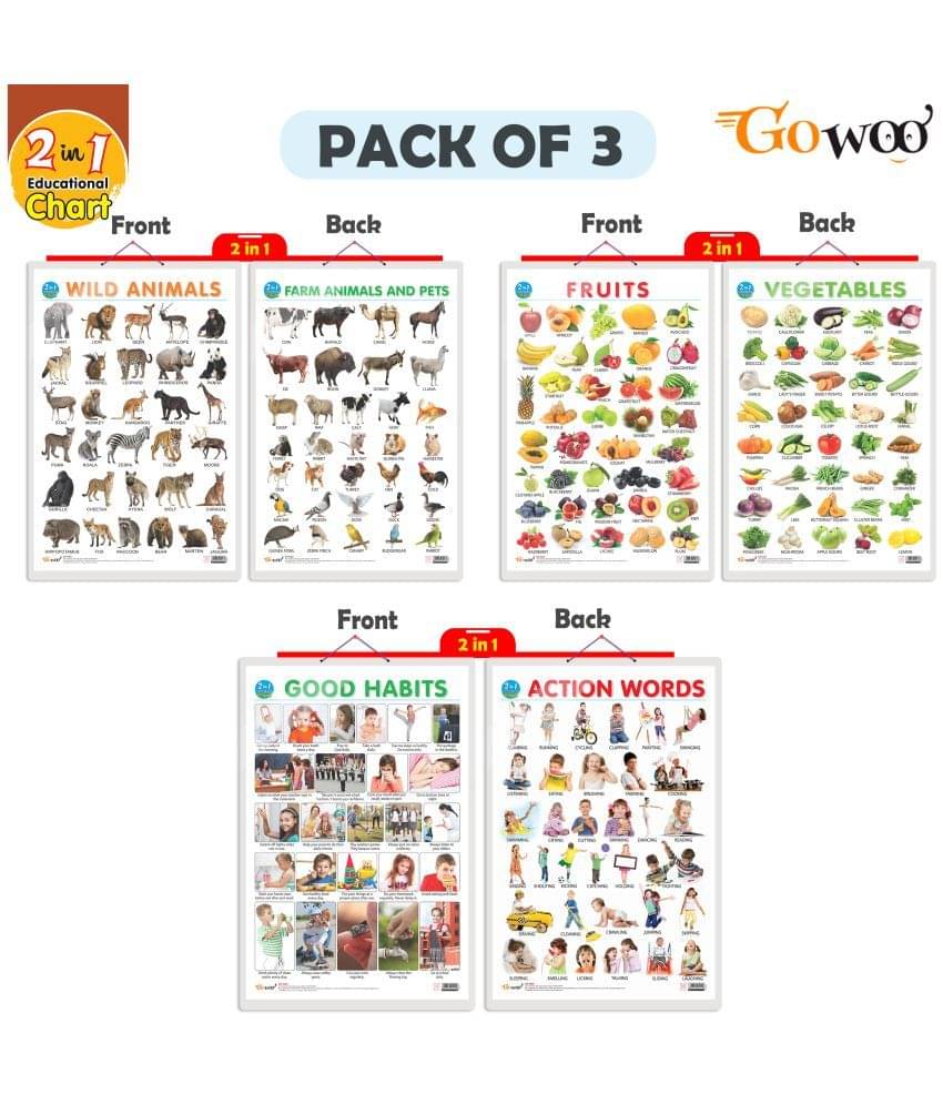 Set of 3 |2 IN 1 FRUITS AND VEGETABLES, 2 IN 1 WILD AND FARM ANIMALS & PETS and 2 IN 1 GOOD HABITS AND ACTION WORDS Early Learning Educational Charts for Kids Set of 3 |2 IN 1 FRUITS AND VEGETABLES, 2 IN 1 WILD AND FARM ANIMALS & PETS and 2 IN 1 GOOD HABITS AND ACTION WORDS Early Learning Educational Charts for Kids