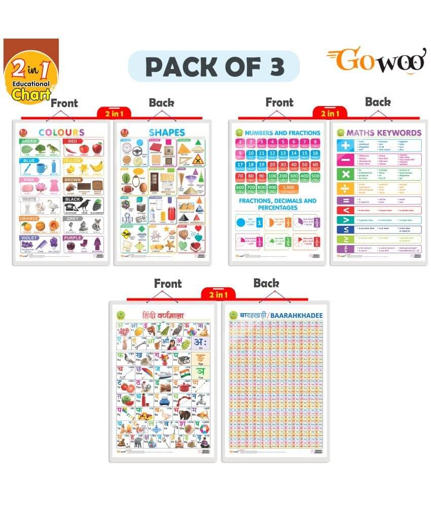 Set of 3 | 2 IN 1 NUMBER & FRACTIONS AND MATHS KEYWORDS, 2 IN 1 COLOURS AND SHAPES AND 2 IN 1 HINDI VARNMALA AND BAARAHKHADEE Early Learning Educational Charts for Kids Set of 3 | 2 IN 1 NUMBER & FRACTIONS AND MATHS KEYWORDS, 2 IN 1 COLOURS AND SHAPES AND 2 IN 1 HINDI VARNMALA AND BAARAHKHADEE Early Learning Educational Charts for Kids