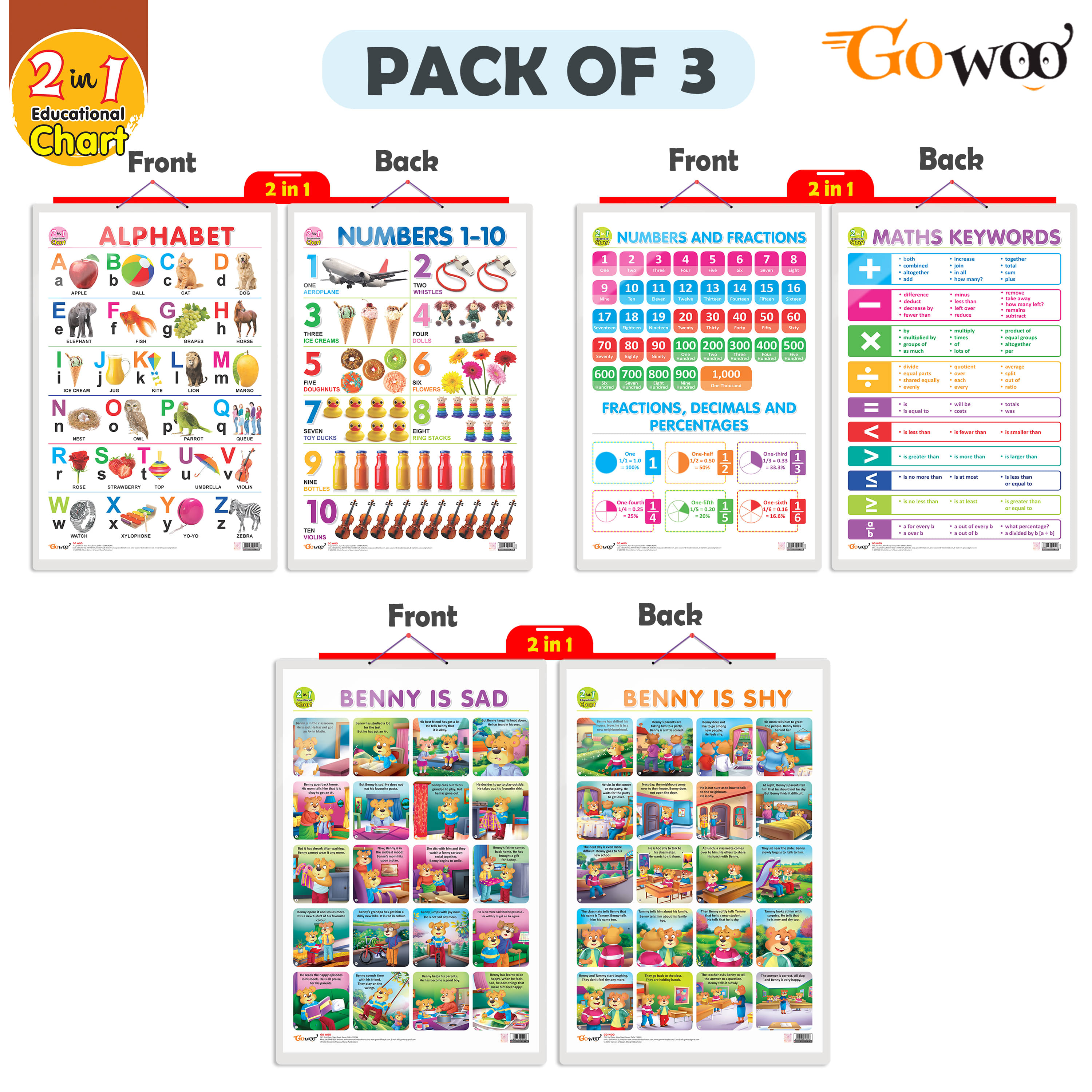 Set of 3 | 2 IN 1 ALPHABET AND NUMBER 1-10, 2 IN 1 NUMBER & FRACTIONS AND MATHS KEYWORDS and 2 IN 1 BENNY IS SAD AND BENNY IS SHY Early Learning Educational Charts for Kids Set of 3 | 2 IN 1 ALPHABET AND NUMBER 1-10, 2 IN 1 NUMBER & FRACTIONS AND MATHS KEYWORDS and 2 IN 1 BENNY IS SAD AND BENNY IS SHY Early Learning Educational Charts for Kids