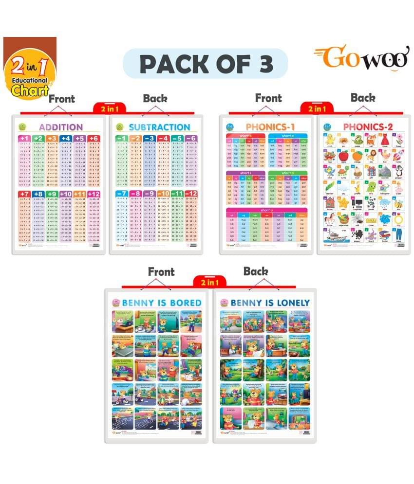 Set of 3 |2 IN 1 ADDITION AND SUBTRACTION, 2 IN 1 PHONICS 1 AND PHONICS 2 and 2 IN 1 BENNY IS BORED AND BENNY IS LONELY Early Learning Educational Charts for Kidss Set of 3 |2 IN 1 ADDITION AND SUBTRACTION, 2 IN 1 PHONICS 1 AND PHONICS 2 and 2 IN 1 BENNY IS BORED AND BENNY IS LONELY Early Learning Educational Charts for Kidss