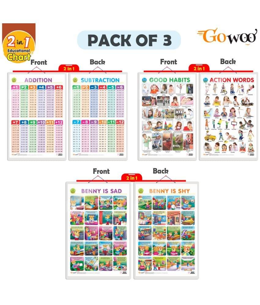     			Set of 3 |2 IN 1 GOOD HABITS AND ACTION WORDS, 2 IN 1 ADDITION AND SUBTRACTION and 2 IN 1 BENNY IS SAD AND BENNY IS SHY Early Learning Educational Charts for Kids
