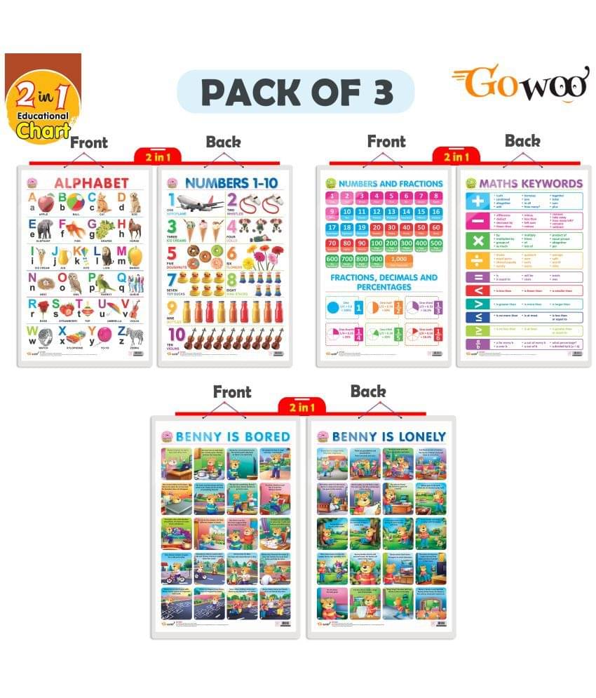     			Set of 3 | 2 IN 1 ALPHABET AND NUMBER 1-10, 2 IN 1 NUMBER & FRACTIONS AND MATHS KEYWORDS and 2 IN 1 BENNY IS BORED AND BENNY IS LONELY Early Learning Educational Charts for Kids