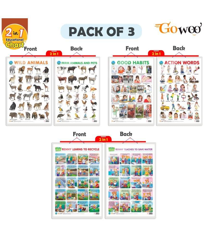 Set of 3 |2 IN 1 WILD AND FARM ANIMALS & PETS, 2 IN 1 GOOD HABITS AND ACTION WORDS and 2 IN 1 BENNY LEARNS TO RECYCLE AND BENNY TEACHES TO SAVE WATER Early Learning Educational Charts for Kids Set of 3 |2 IN 1 WILD AND FARM ANIMALS & PETS, 2 IN 1 GOOD HABITS AND ACTION WORDS and 2 IN 1 BENNY LEARNS TO RECYCLE AND BENNY TEACHES TO SAVE WATER Early Learning Educational Charts for Kids