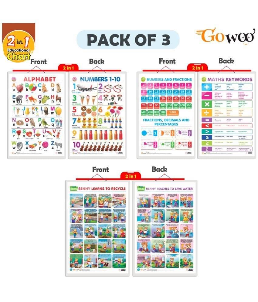 Set of 3 | 2 IN 1 ALPHABET AND NUMBER 1-10, 2 IN 1 NUMBER & FRACTIONS AND MATHS KEYWORDS and 2 IN 1 BENNY LEARNS TO RECYCLE AND BENNY TEACHES TO SAVE WATER Early Learning Educational Charts for Kids Set of 3 | 2 IN 1 ALPHABET AND NUMBER 1-10, 2 IN 1 NUMBER & FRACTIONS AND MATHS KEYWORDS and 2 IN 1 BENNY LEARNS TO RECYCLE AND BENNY TEACHES TO SAVE WATER Early Learning Educational Charts for Kids
