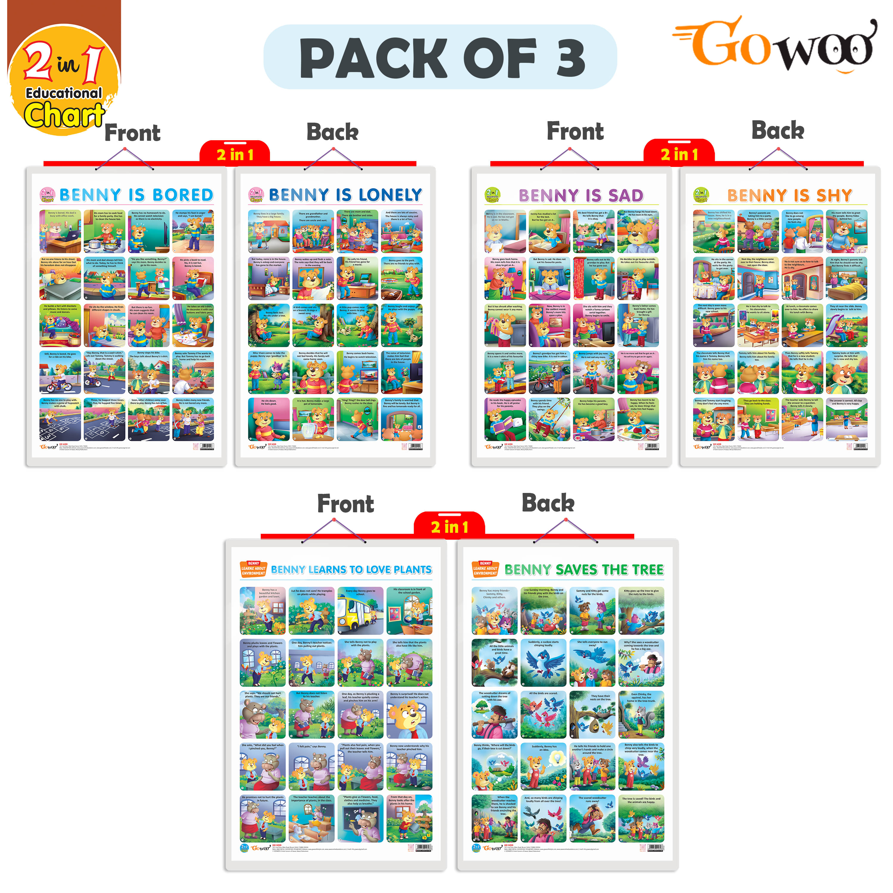     			Set of 3 | 2 IN 1 BENNY IS BORED AND BENNY IS LONELY, 2 IN 1 BENNY IS SAD AND BENNY IS SHY and 2 IN 1 BENNY LEARNS TO LOVE PLANTS AND BENNY SAVES THE TREE Early Learning Educational Charts for Kids