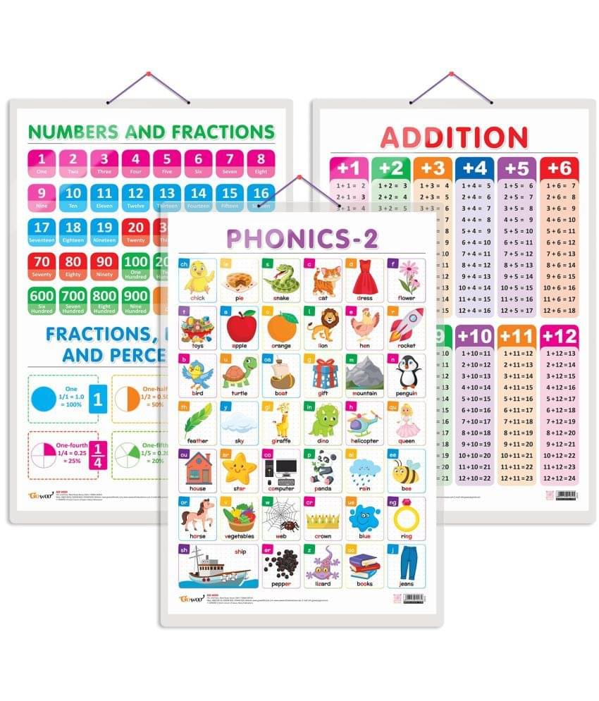 Set of 3 ADDITION, NUMBERS AND FRACTIONS and PHONICS - 2 Early Learning Educational Charts for Kids | 20"X30" inch |Non-Tearable and Waterproof | Double Sided Laminated | Perfect for Homeschooling, Kindergarten and Nursery Students Set of 3 ADDITION, NUMBERS AND FRACTIONS and PHONICS - 2 Early Learning Educational Charts for Kids | 20"X30" inch |Non-Tearable and Waterproof | Double Sided Laminated | Perfect for Homeschooling, Kindergarten and Nursery Students