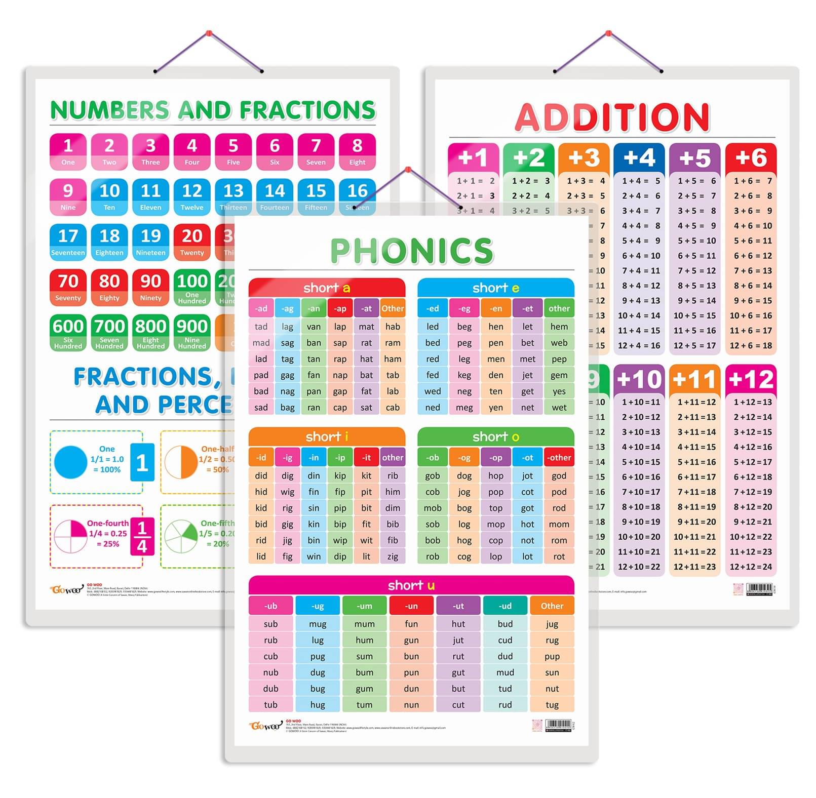     			Set of 3 ADDITION, NUMBERS AND FRACTIONS and PHONICS - 1 Early Learning Educational Charts for Kids | 20"X30" inch |Non-Tearable and Waterproof | Double Sided Laminated | Perfect for Homeschooling, Kindergarten and Nursery Students