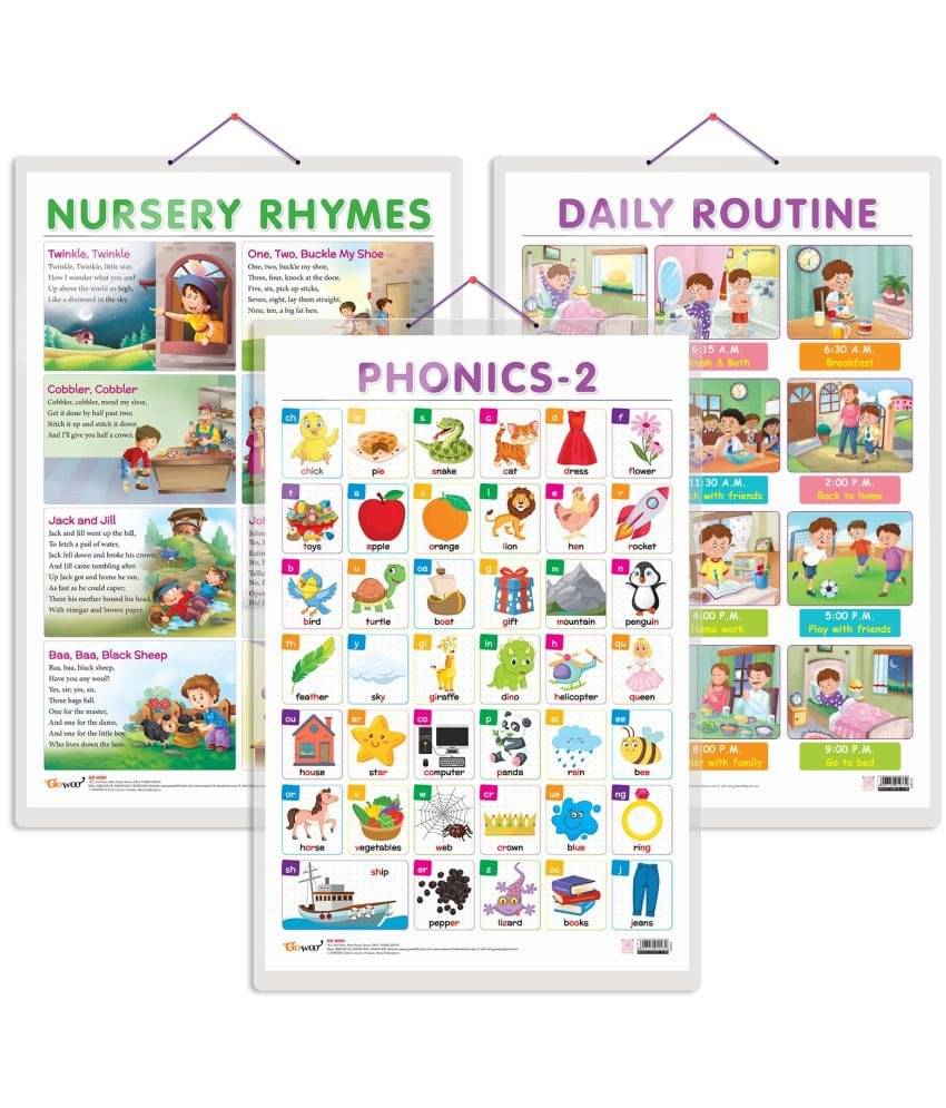 Set of 3 DAILY ROUTINE, NURSERY RHYMES and PHONICS - 2 Early Learning Educational Charts for Kids | 20"X30" inch |Non-Tearable and Waterproof | Double Sided Laminated | Perfect for Homeschooling, Kindergarten and Nursery Students Set of 3 DAILY ROUTINE, NURSERY RHYMES and PHONICS - 2 Early Learning Educational Charts for Kids | 20"X30" inch |Non-Tearable and Waterproof | Double Sided Laminated | Perfect for Homeschooling, Kindergarten and Nursery Students
