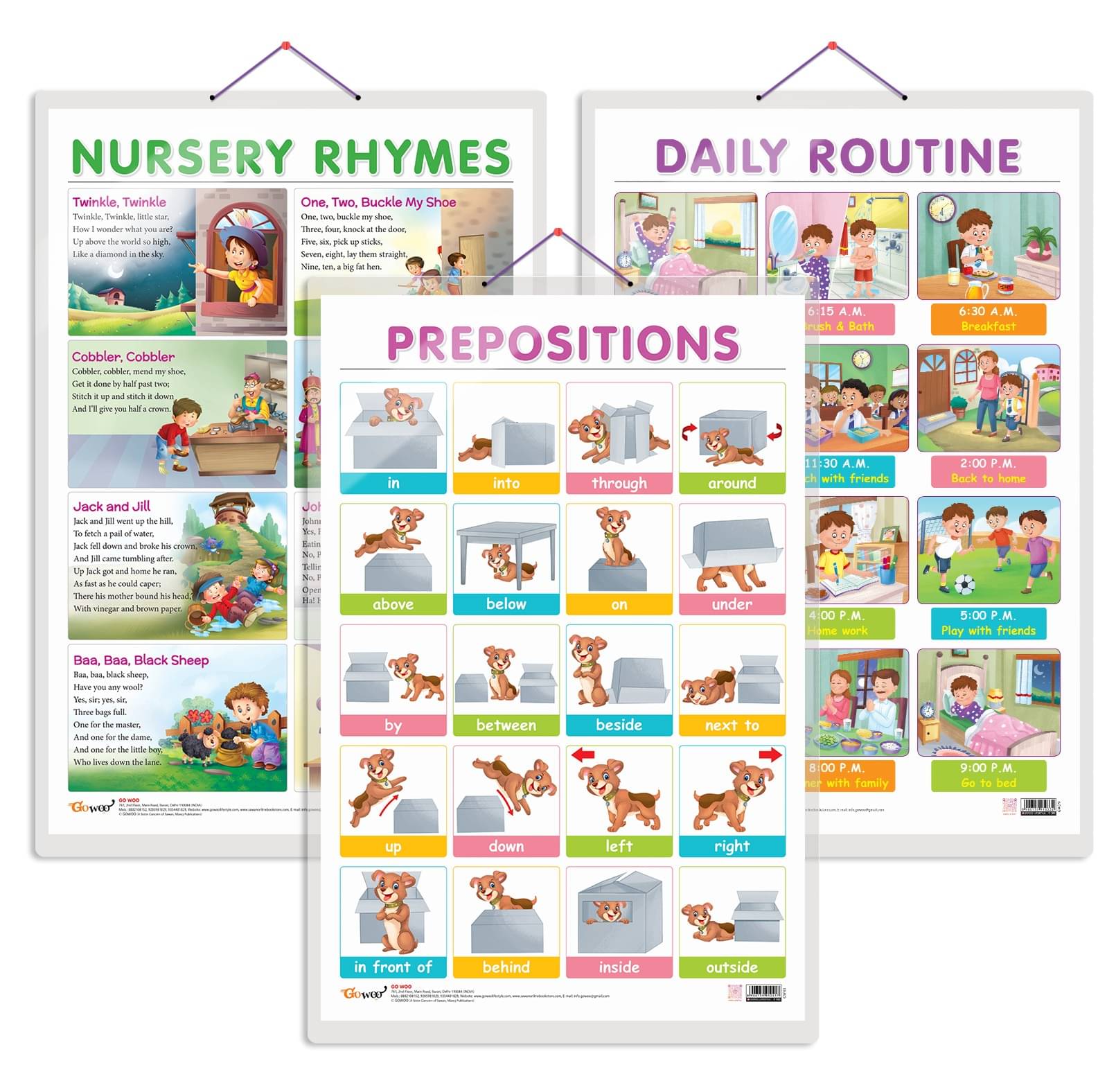 Set of 3 DAILY ROUTINE, NURSERY RHYMES and PREPOSITIONS Early Learning Educational Charts for Kids | 20"X30" inch |Non-Tearable and Waterproof | Double Sided Laminated | Perfect for Homeschooling, Kindergarten and Nursery Students Set of 3 DAILY ROUTINE, NURSERY RHYMES and PREPOSITIONS Early Learning Educational Charts for Kids | 20"X30" inch |Non-Tearable and Waterproof | Double Sided Laminated | Perfect for Homeschooling, Kindergarten and Nursery Students