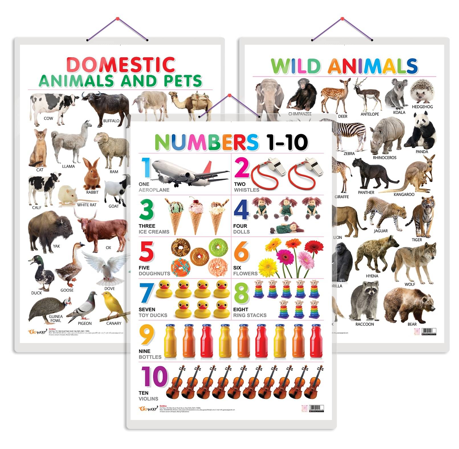     			Set of 3 Domestic Animals and Pets, Wild Animals and Numbers 1-10 Early Learning Educational Charts for Kids | 20"X30" inch |Non-Tearable and Waterproof | Double Sided Laminated | Perfect for Homeschooling, Kindergarten and Nursery Students