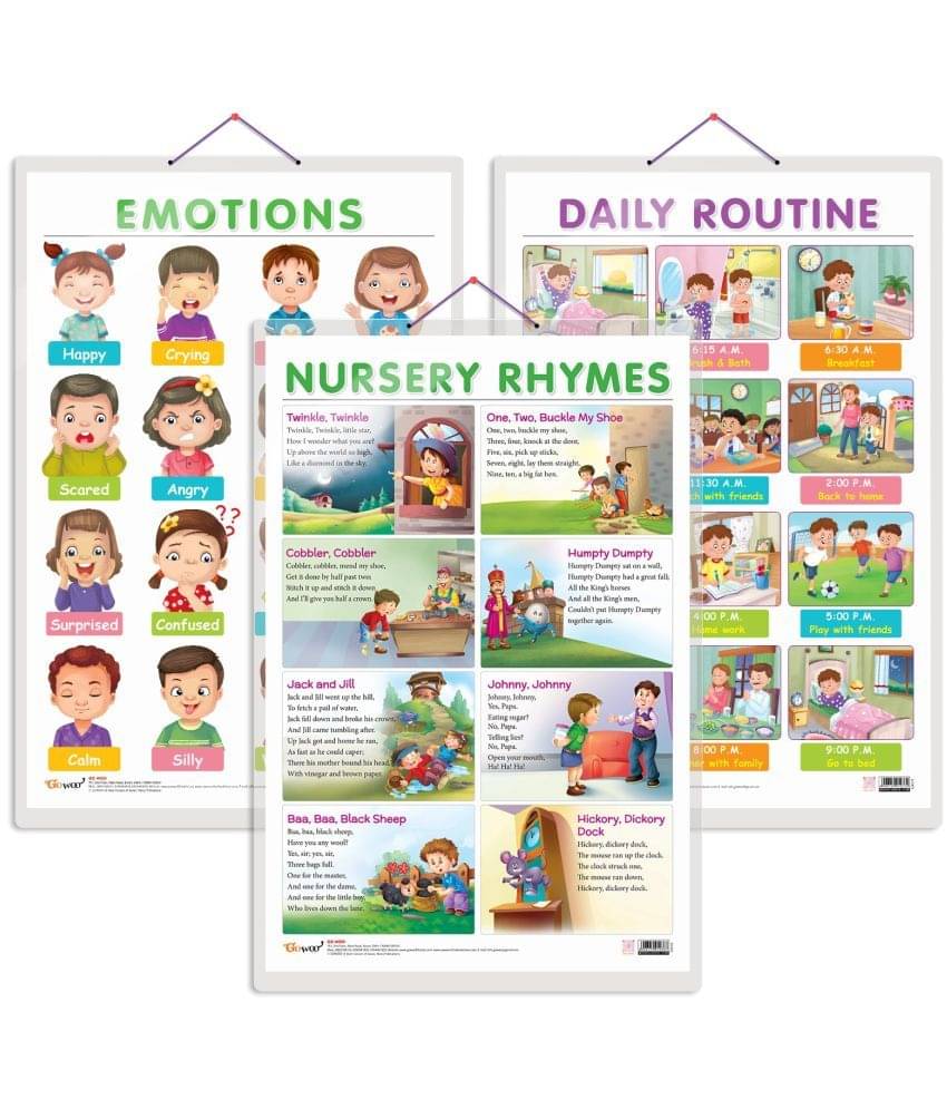     			Set of 3 EMOTIONS, DAILY ROUTINE and NURSERY RHYMES Early Learning Educational Charts for Kids | 20"X30" inch |Non-Tearable and Waterproof | Double Sided Laminated | Perfect for Homeschooling, Kindergarten and Nursery Students