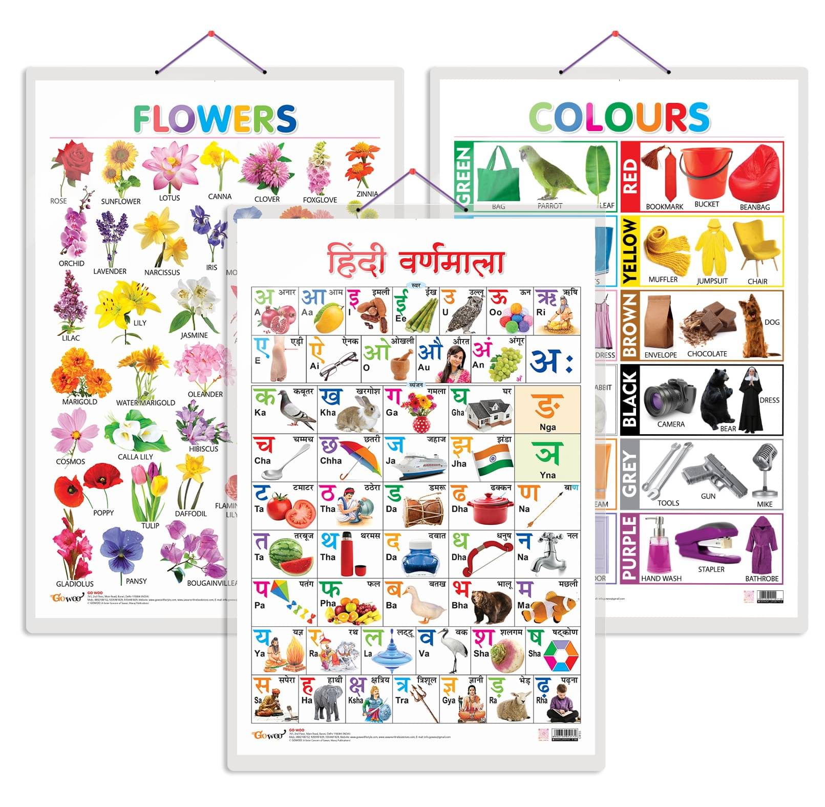     			Set of 3 Flowers, Colours and Hindi Varnamala Early Learning Educational Charts for Kids | 20"X30" inch |Non-Tearable and Waterproof | Double Sided Laminated | Perfect for Homeschooling, Kindergarten and Nursery Students