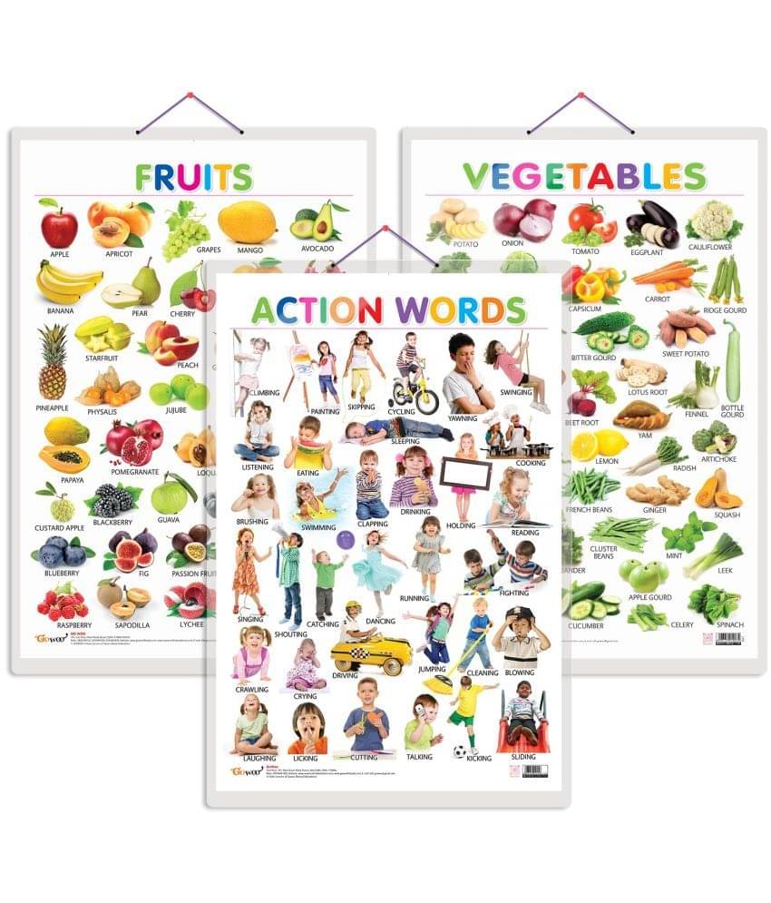 Set of 3 Fruits, Vegetables and Action Words Early Learning Educational Charts for Kids | 20"X30" inch |Non-Tearable and Waterproof | Double Sided Laminated | Perfect for Homeschooling, Kindergarten and Nursery Students Set of 3 Fruits, Vegetables and Action Words Early Learning Educational Charts for Kids | 20"X30" inch |Non-Tearable and Waterproof | Double Sided Laminated | Perfect for Homeschooling, Kindergarten and Nursery Students