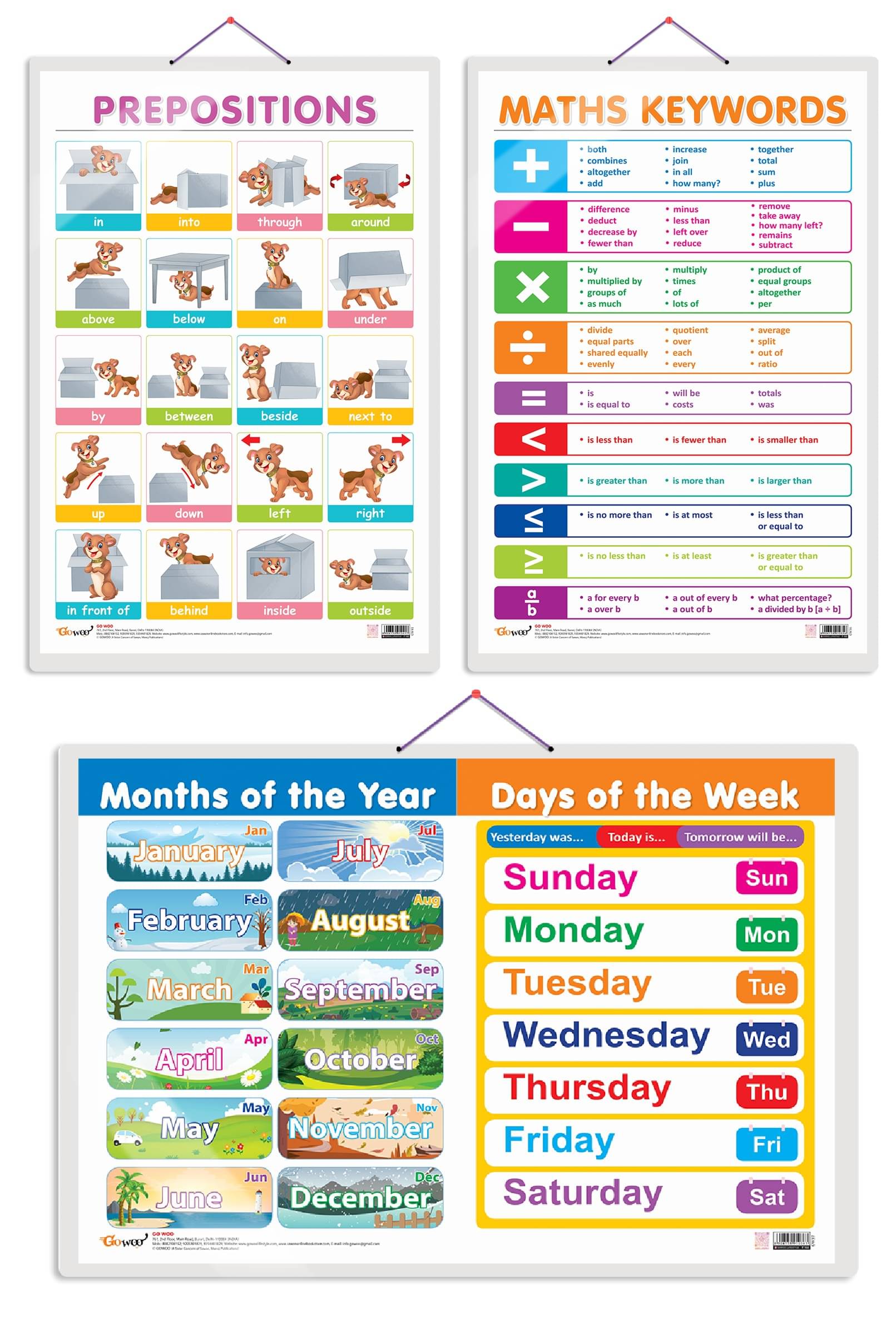 Set of 3 MATHS KEYWORDS, MONTHS OF THE YEAR AND DAYS OF THE WEEK and PREPOSITIONS Early Learning Educational Charts for Kids | 20"X30" inch |Non-Tearable and Waterproof | Double Sided Laminated | Perfect for Homeschooling, Kindergarten and Nursery Students Set of 3 MATHS KEYWORDS, MONTHS OF THE YEAR AND DAYS OF THE WEEK and PREPOSITIONS Early Learning Educational Charts for Kids | 20"X30" inch |Non-Tearable and Waterproof | Double Sided Laminated | Perfect for Homeschooling, Kindergarten and Nursery Students