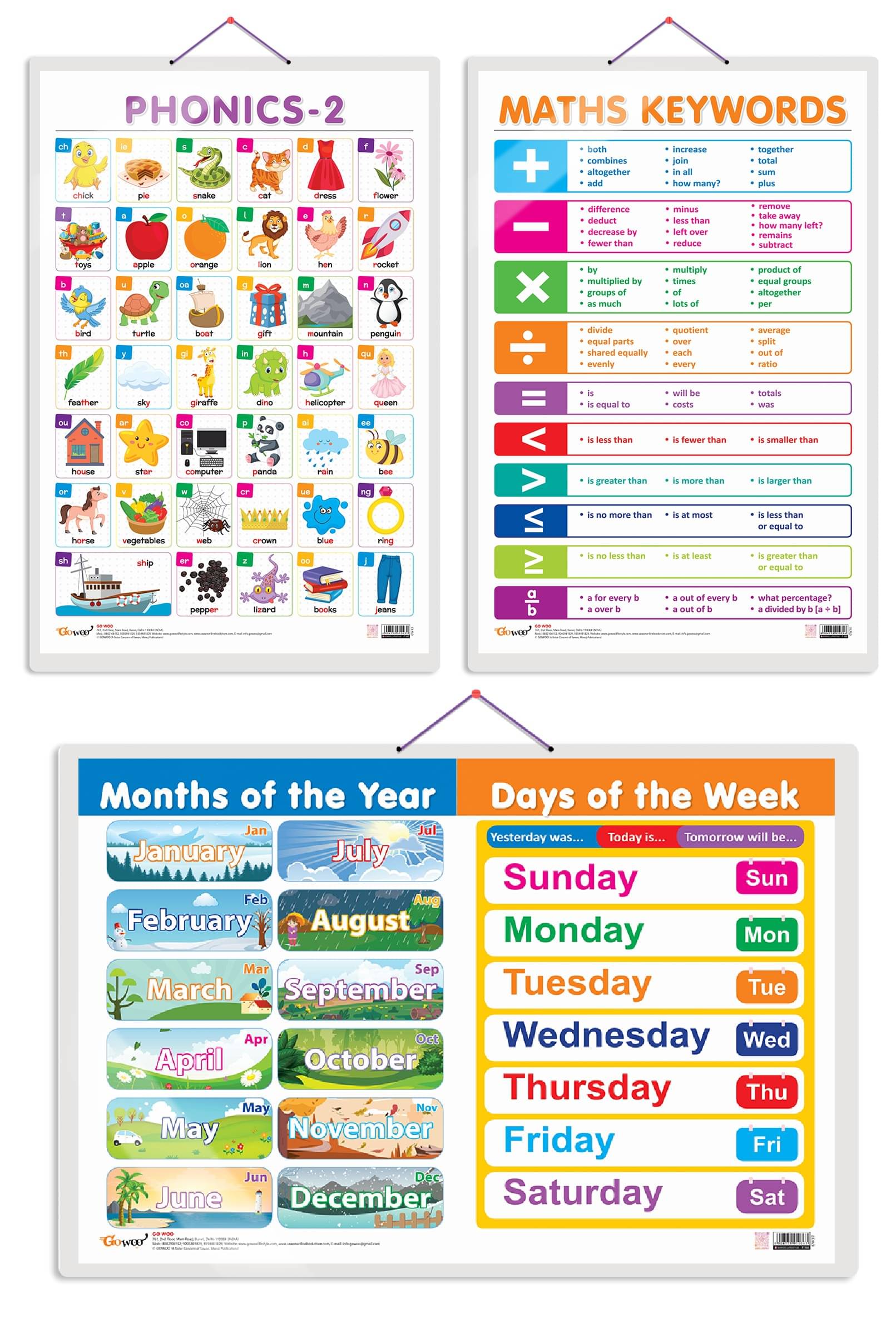 Set of 3 MATHS KEYWORDS, MONTHS OF THE YEAR AND DAYS OF THE WEEK and PHONICS - 2 Early Learning Educational Charts for Kids | 20"X30" inch |Non-Tearable and Waterproof | Double Sided Laminated | Perfect for Homeschooling, Kindergarten and Nursery Students Set of 3 MATHS KEYWORDS, MONTHS OF THE YEAR AND DAYS OF THE WEEK and PHONICS - 2 Early Learning Educational Charts for Kids | 20"X30" inch |Non-Tearable and Waterproof | Double Sided Laminated | Perfect for Homeschooling, Kindergarten and Nursery Students