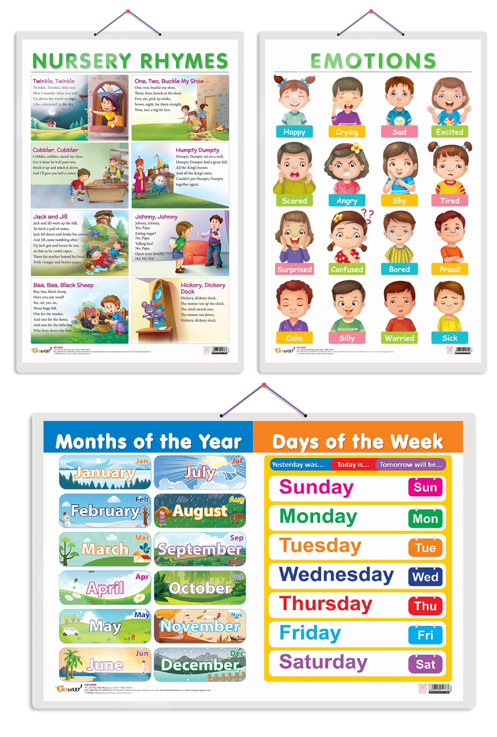     			Set of 3 MONTHS OF THE YEAR AND DAYS OF THE WEEK, EMOTIONS and NURSERY RHYMES Early Learning Educational Charts for Kids | 20"X30" inch |Non-Tearable and Waterproof | Double Sided Laminated | Perfect for Homeschooling, Kindergarten and Nursery Students