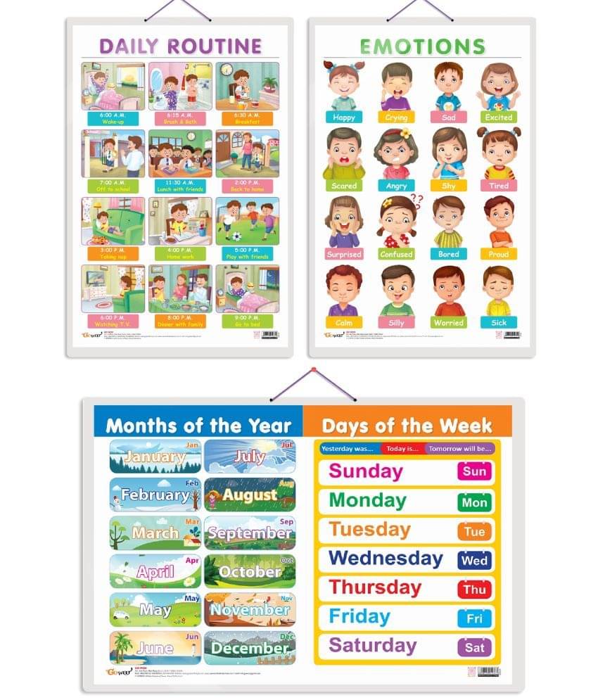 Set of 3 MONTHS OF THE YEAR AND DAYS OF THE WEEK, EMOTIONS and DAILY ROUTINE Early Learning Educational Charts for Kids | 20"X30" inch |Non-Tearable and Waterproof | Double Sided Laminated | Perfect for Homeschooling, Kindergarten and Nursery Students Set of 3 MONTHS OF THE YEAR AND DAYS OF THE WEEK, EMOTIONS and DAILY ROUTINE Early Learning Educational Charts for Kids | 20"X30" inch |Non-Tearable and Waterproof | Double Sided Laminated | Perfect for Homeschooling, Kindergarten and Nursery Students