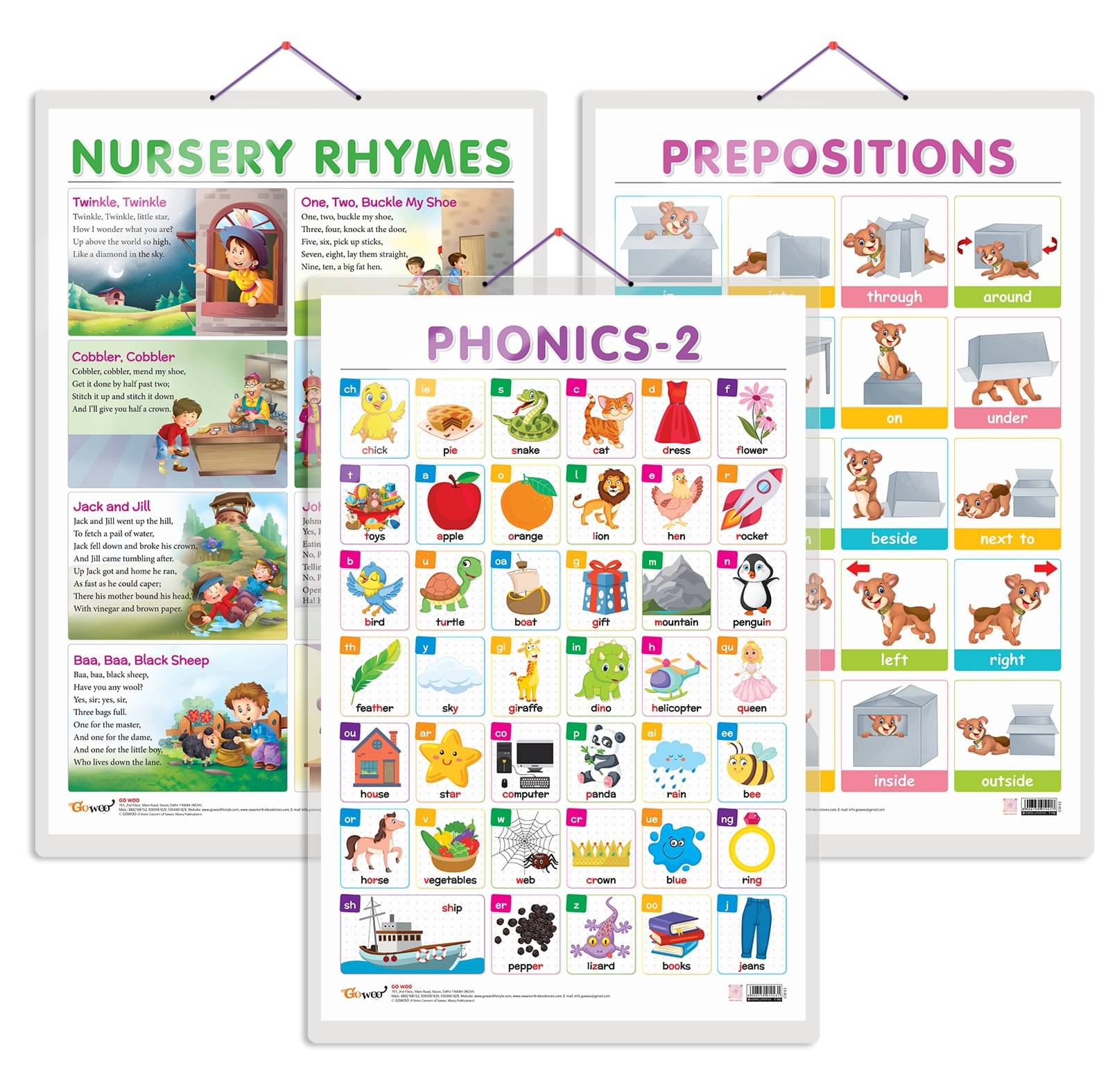     			Set of 3 NURSERY RHYMES, PREPOSITIONS and PHONICS - 2 Early Learning Educational Charts for Kids | 20"X30" inch |Non-Tearable and Waterproof | Double Sided Laminated | Perfect for Homeschooling, Kindergarten and Nursery Students