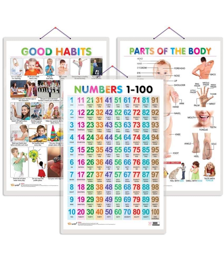 Set of 3 Parts of the Body, Good Habits and Numbers 1-100 Early Learning Educational Charts for Kids | 20"X30" inch |Non-Tearable and Waterproof | Double Sided Laminated | Perfect for Homeschooling, Kindergarten and Nursery Students Set of 3 Parts of the Body, Good Habits and Numbers 1-100 Early Learning Educational Charts for Kids | 20"X30" inch |Non-Tearable and Waterproof | Double Sided Laminated | Perfect for Homeschooling, Kindergarten and Nursery Students