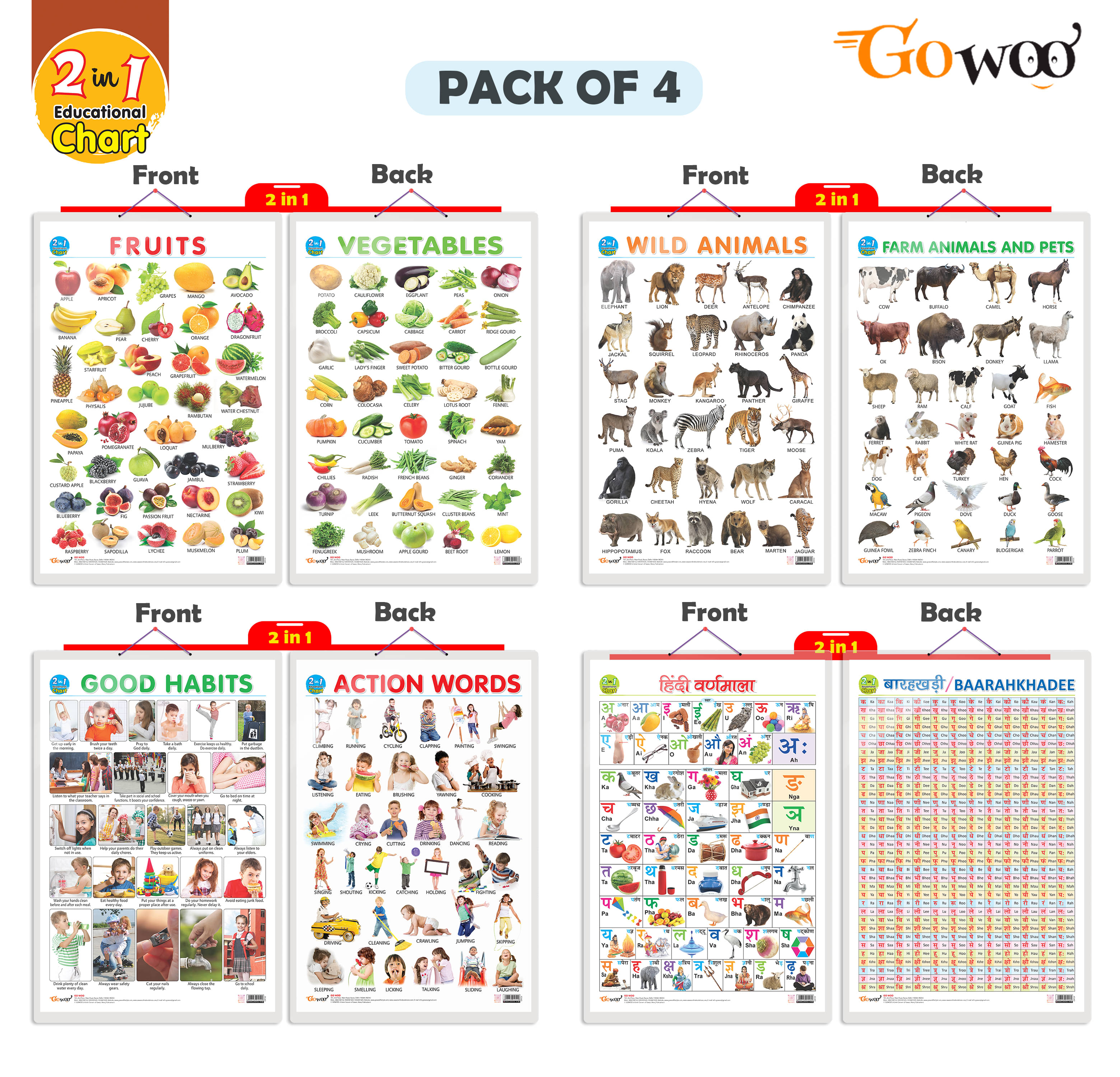 Set of 4 | 2 IN 1 FRUITS AND VEGETABLES, 2 IN 1 WILD AND FARM ANIMALS & PETS, 2 IN 1 GOOD HABITS AND ACTION WORDS and 2 IN 1 HINDI VARNMALA AND BAARAHKHADEE Early Learning Educational Charts for Kids Set of 4 | 2 IN 1 FRUITS AND VEGETABLES, 2 IN 1 WILD AND FARM ANIMALS & PETS, 2 IN 1 GOOD HABITS AND ACTION WORDS and 2 IN 1 HINDI VARNMALA AND BAARAHKHADEE Early Learning Educational Charts for Kids