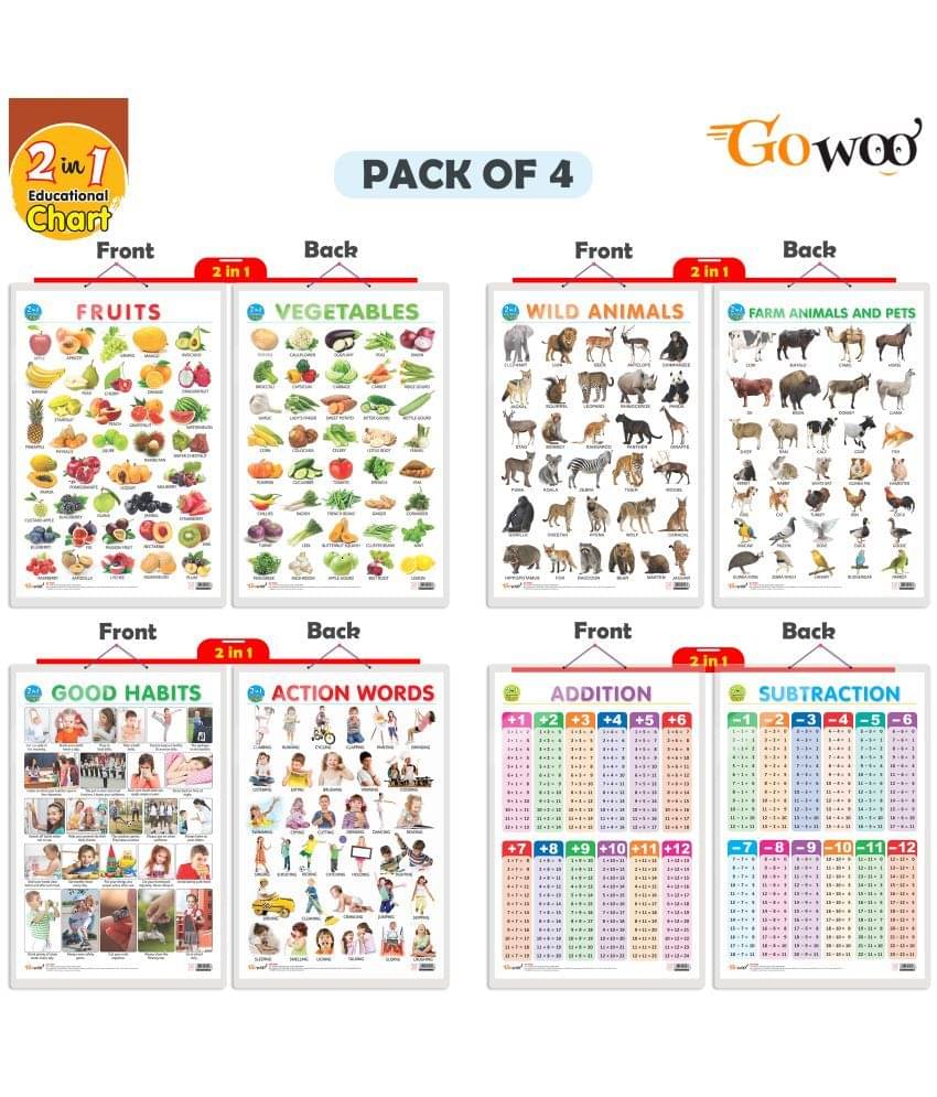 Set of 4 | 2 IN 1 FRUITS AND VEGETABLES, 2 IN 1 WILD AND FARM ANIMALS & PETS, 2 IN 1 GOOD HABITS AND ACTION WORDS and 2 IN 1 ADDITION AND SUBTRACTION Early Learning Educational Charts for Kids Set of 4 | 2 IN 1 FRUITS AND VEGETABLES, 2 IN 1 WILD AND FARM ANIMALS & PETS, 2 IN 1 GOOD HABITS AND ACTION WORDS and 2 IN 1 ADDITION AND SUBTRACTION Early Learning Educational Charts for Kids