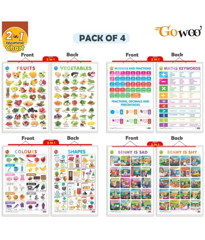 Set of 4 | 2 IN 1 NUMBER & FRACTIONS AND MATHS KEYWORDS, 2 IN 1 COLOURS AND SHAPES, 2 IN 1 FRUITS AND VEGETABLES and 2 IN 1 BENNY IS SAD AND BENNY IS SHY Early Learning Educational Charts for Kids Set of 4 | 2 IN 1 NUMBER & FRACTIONS AND MATHS KEYWORDS, 2 IN 1 COLOURS AND SHAPES, 2 IN 1 FRUITS AND VEGETABLES and 2 IN 1 BENNY IS SAD AND BENNY IS SHY Early Learning Educational Charts for Kids