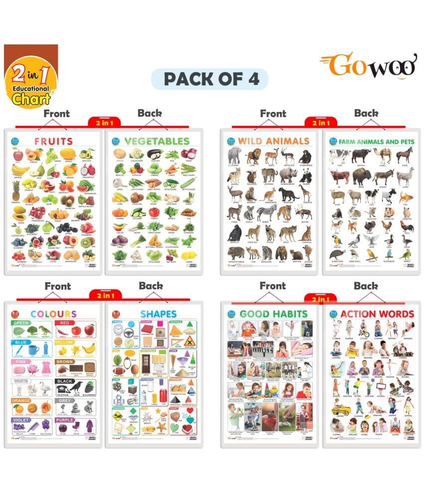 Set of 4 | 2 IN 1 COLOURS AND SHAPES, 2 IN 1 FRUITS AND VEGETABLES, 2 IN 1 WILD AND FARM ANIMALS & PETS and 2 IN 1 GOOD HABITS AND ACTION WORDS Early Learning Educational Charts for Kids Set of 4 | 2 IN 1 COLOURS AND SHAPES, 2 IN 1 FRUITS AND VEGETABLES, 2 IN 1 WILD AND FARM ANIMALS & PETS and 2 IN 1 GOOD HABITS AND ACTION WORDS Early Learning Educational Charts for Kids
