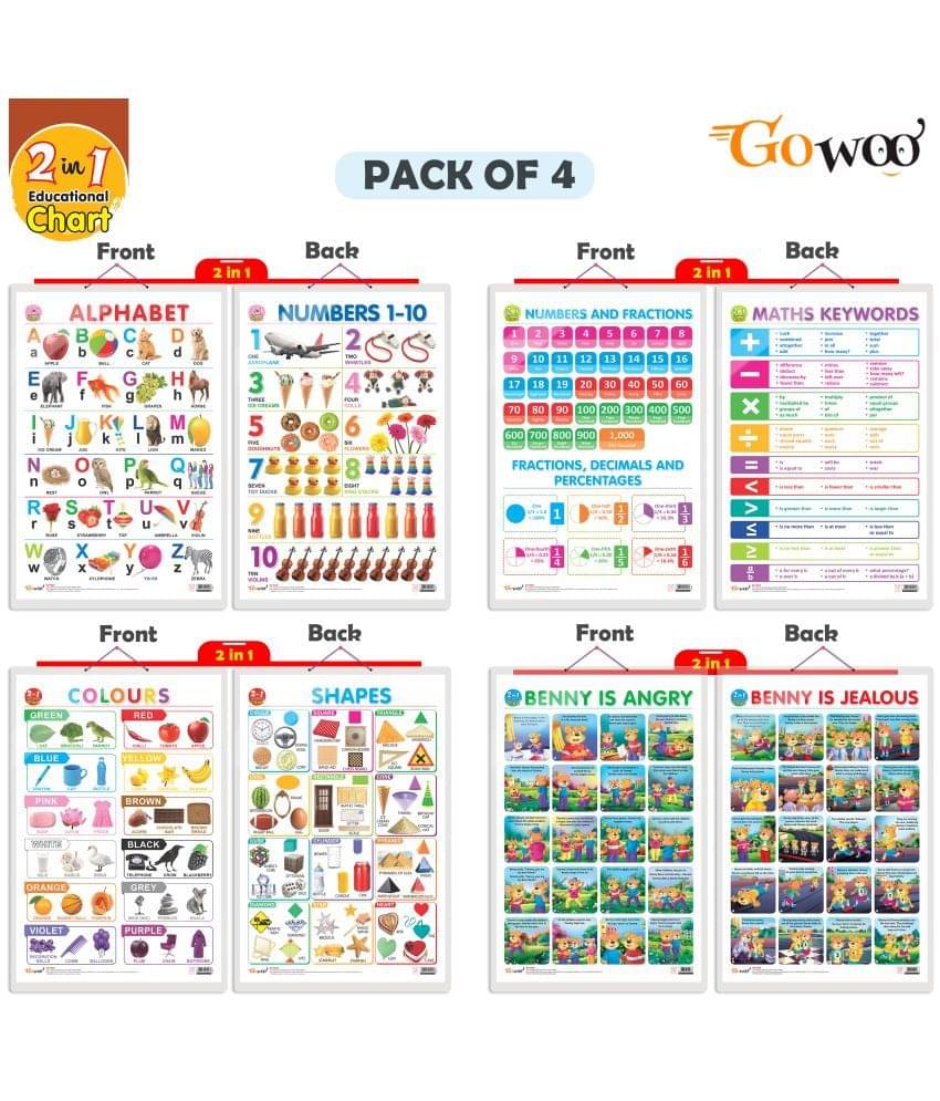 Set of 4 | 2 IN 1 ALPHABET AND NUMBER 1-10, 2 IN 1 NUMBER & FRACTIONS AND MATHS KEYWORDS, 2 IN 1 COLOURS AND SHAPES and 2 IN 1 BENNY IS ANGRY AND BENNY IS JEALOUS Early Learning Educational Charts for Kids Set of 4 | 2 IN 1 ALPHABET AND NUMBER 1-10, 2 IN 1 NUMBER & FRACTIONS AND MATHS KEYWORDS, 2 IN 1 COLOURS AND SHAPES and 2 IN 1 BENNY IS ANGRY AND BENNY IS JEALOUS Early Learning Educational Charts for Kids