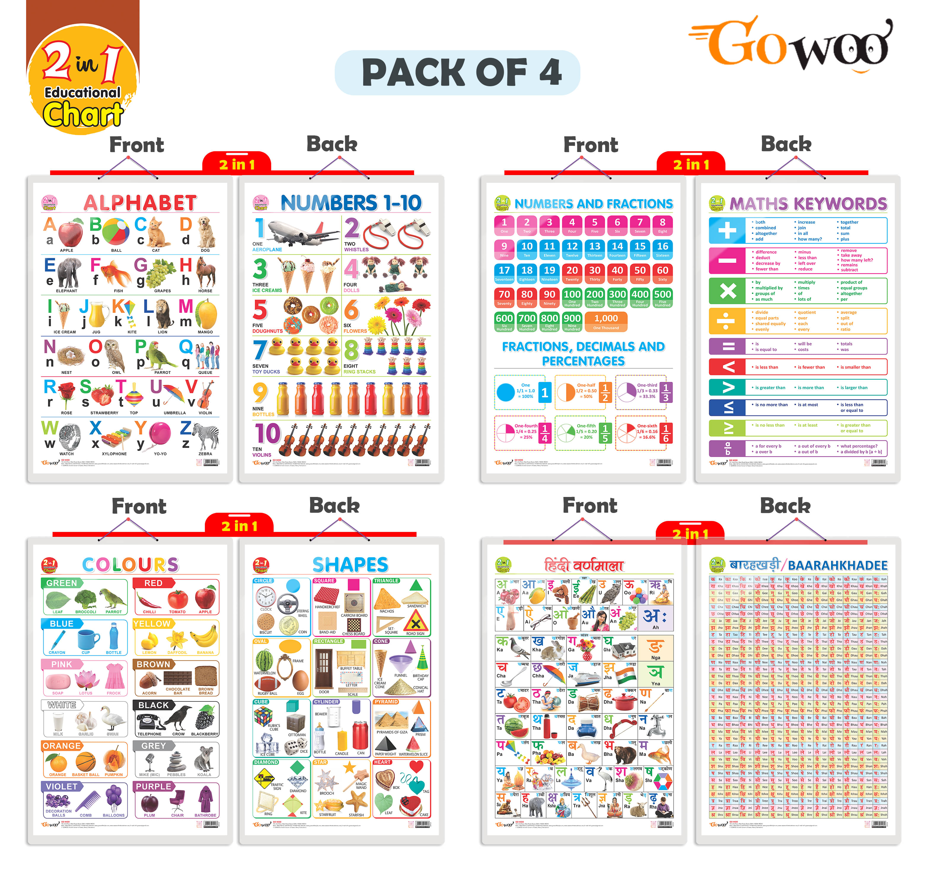 Set of 4 | 2 IN 1 ALPHABET AND NUMBER 1-10, 2 IN 1 NUMBER & FRACTIONS AND MATHS KEYWORDS, 2 IN 1 COLOURS AND SHAPES and 2 IN 1 HINDI VARNMALA AND BAARAHKHADEE Early Learning Educational Charts for Kids Set of 4 | 2 IN 1 ALPHABET AND NUMBER 1-10, 2 IN 1 NUMBER & FRACTIONS AND MATHS KEYWORDS, 2 IN 1 COLOURS AND SHAPES and 2 IN 1 HINDI VARNMALA AND BAARAHKHADEE Early Learning Educational Charts for Kids